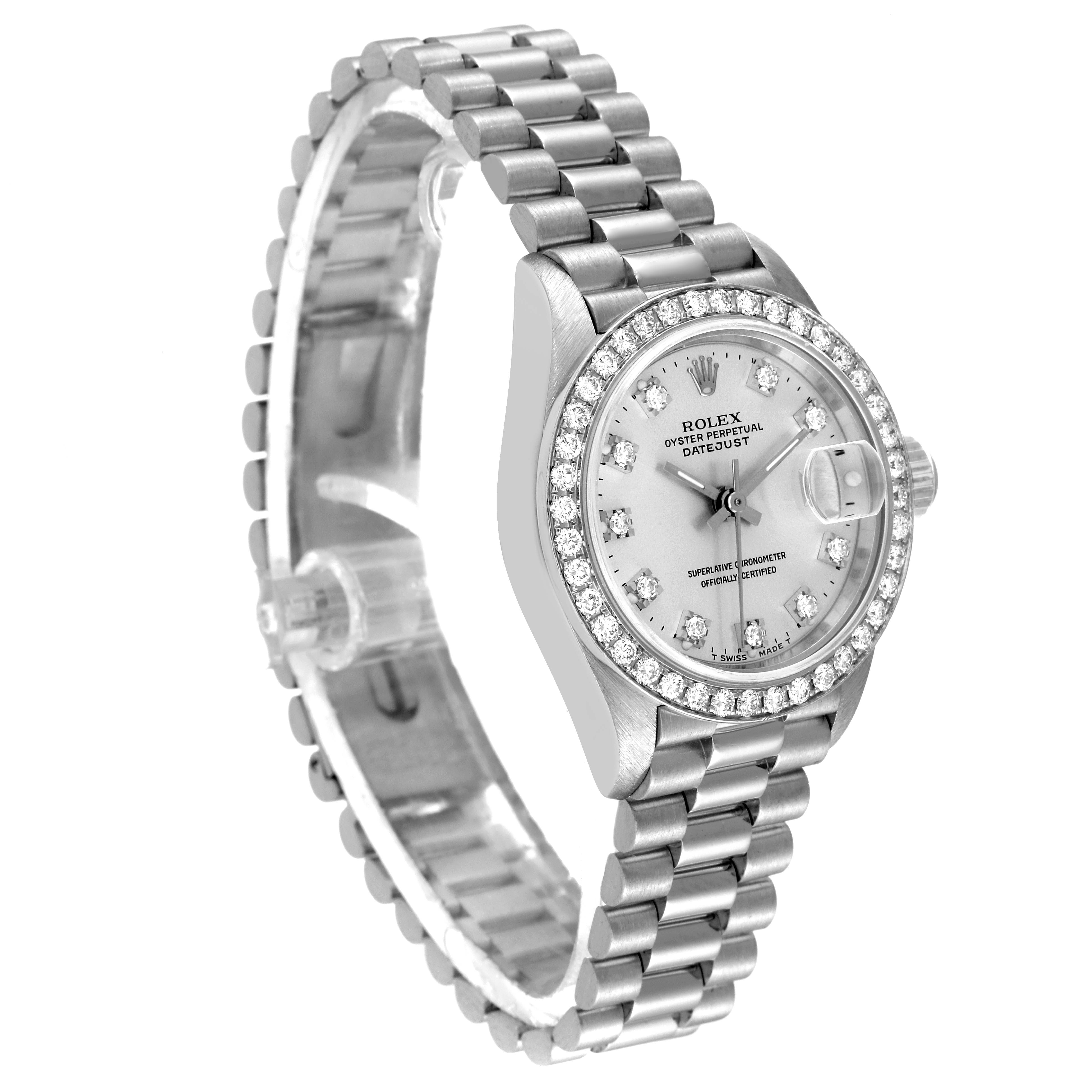 The image shows a Rolex President 69136 Women's Platinum Silver Dial 69136 Women's Platinum Silver Dial model watch from a three-quarter angle, highlighting the face, bezel, and bracelet.
