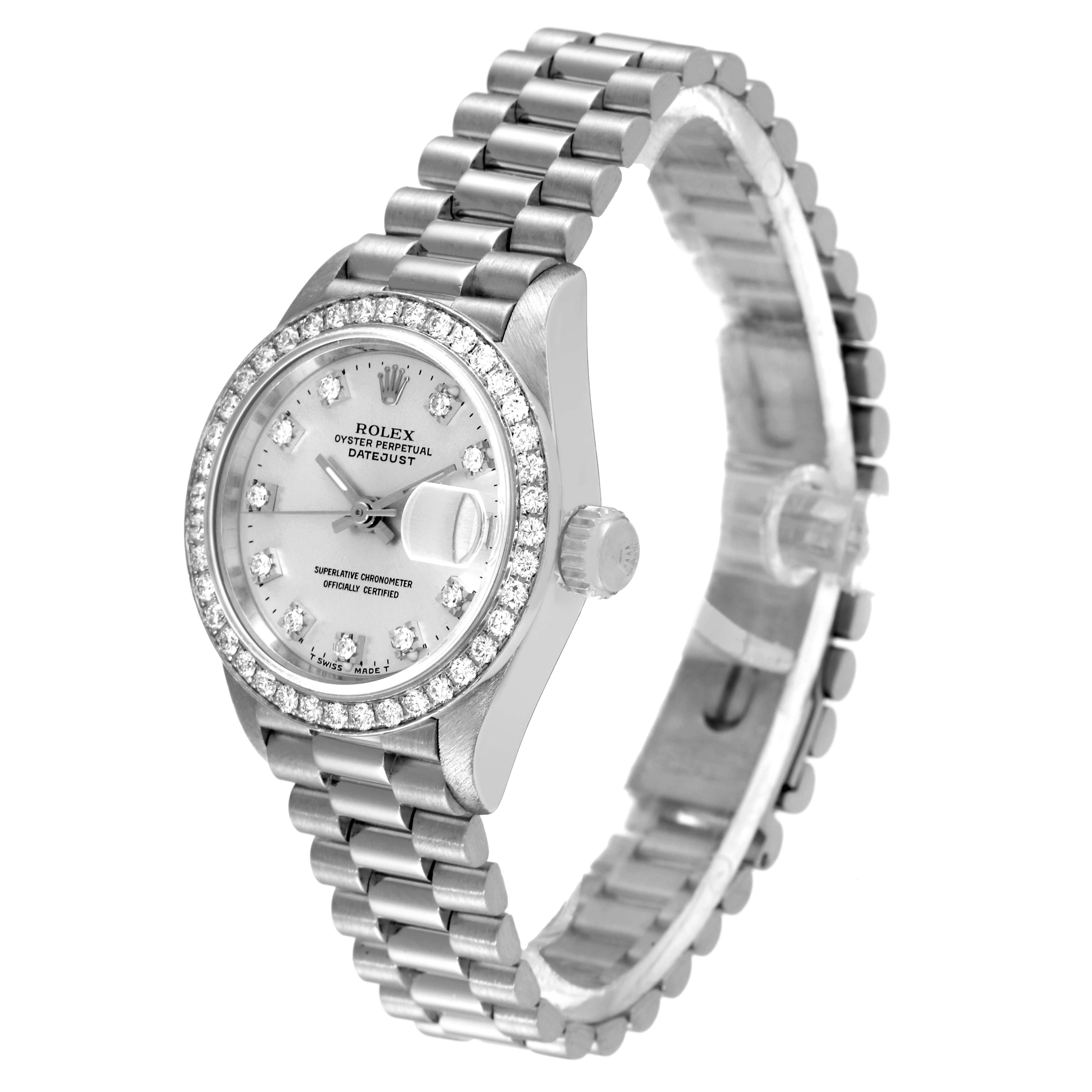 The Rolex President 69136 Women's Platinum Silver Dial 69136 Women's Platinum Silver Dial watch is shown from an angled side view, highlighting its bracelet, bezel, and dial.