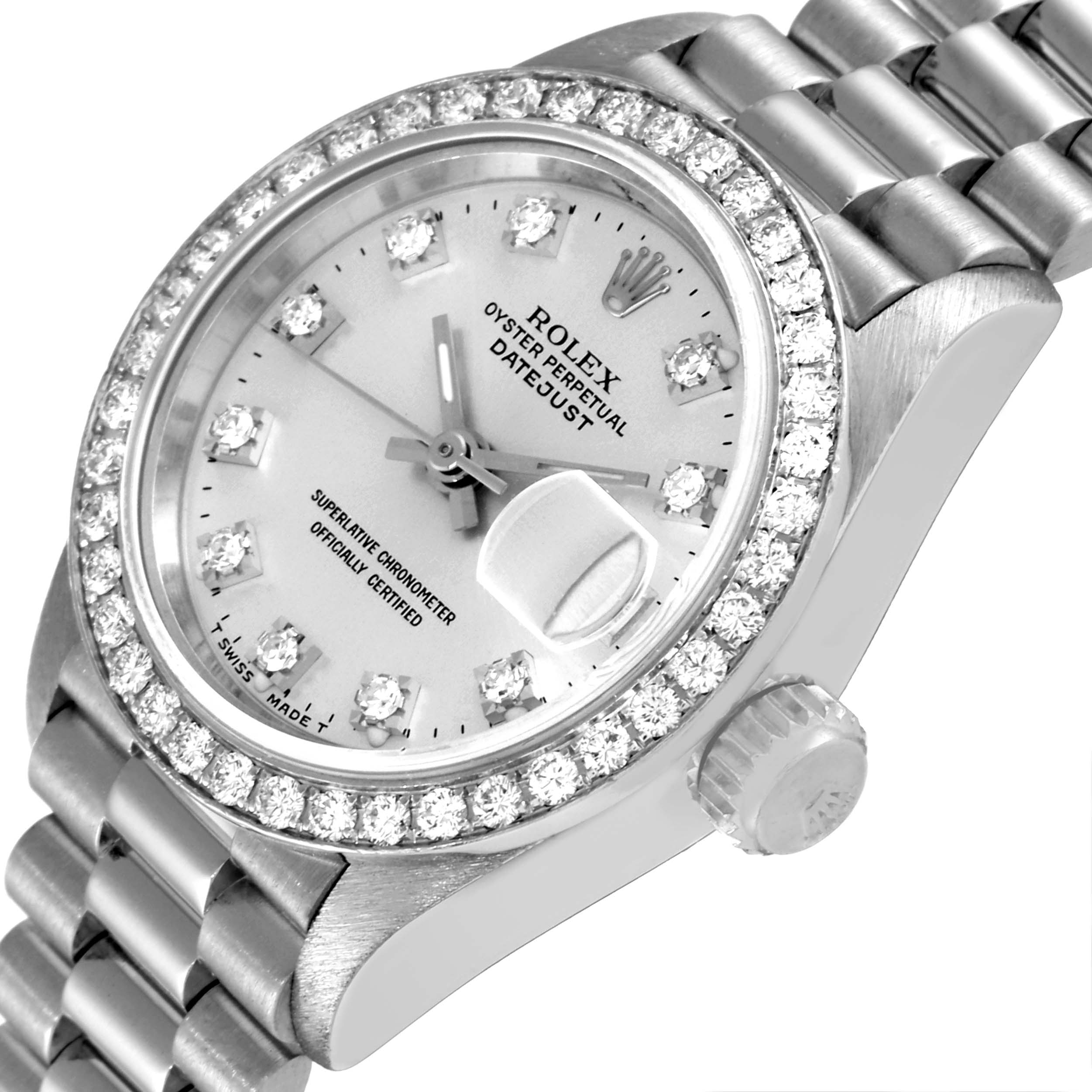 The image shows a Rolex President 69136 Women's Platinum Silver Dial 69136 Women's Platinum Silver Dial model watch from a slightly tilted angle, highlighting the face, bezel, and partial bracelet.