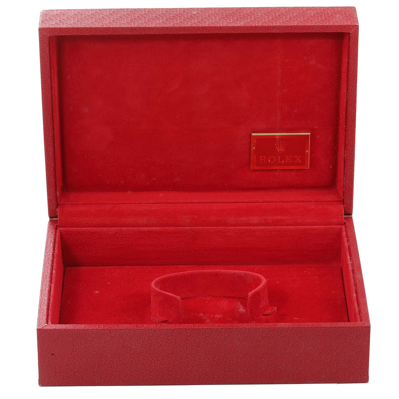 This image shows an open red box for a Rolex President 69136 Women's Platinum Silver Dial 69136 Women's Platinum Silver Dial model watch, with a Rolex logo inside the lid.