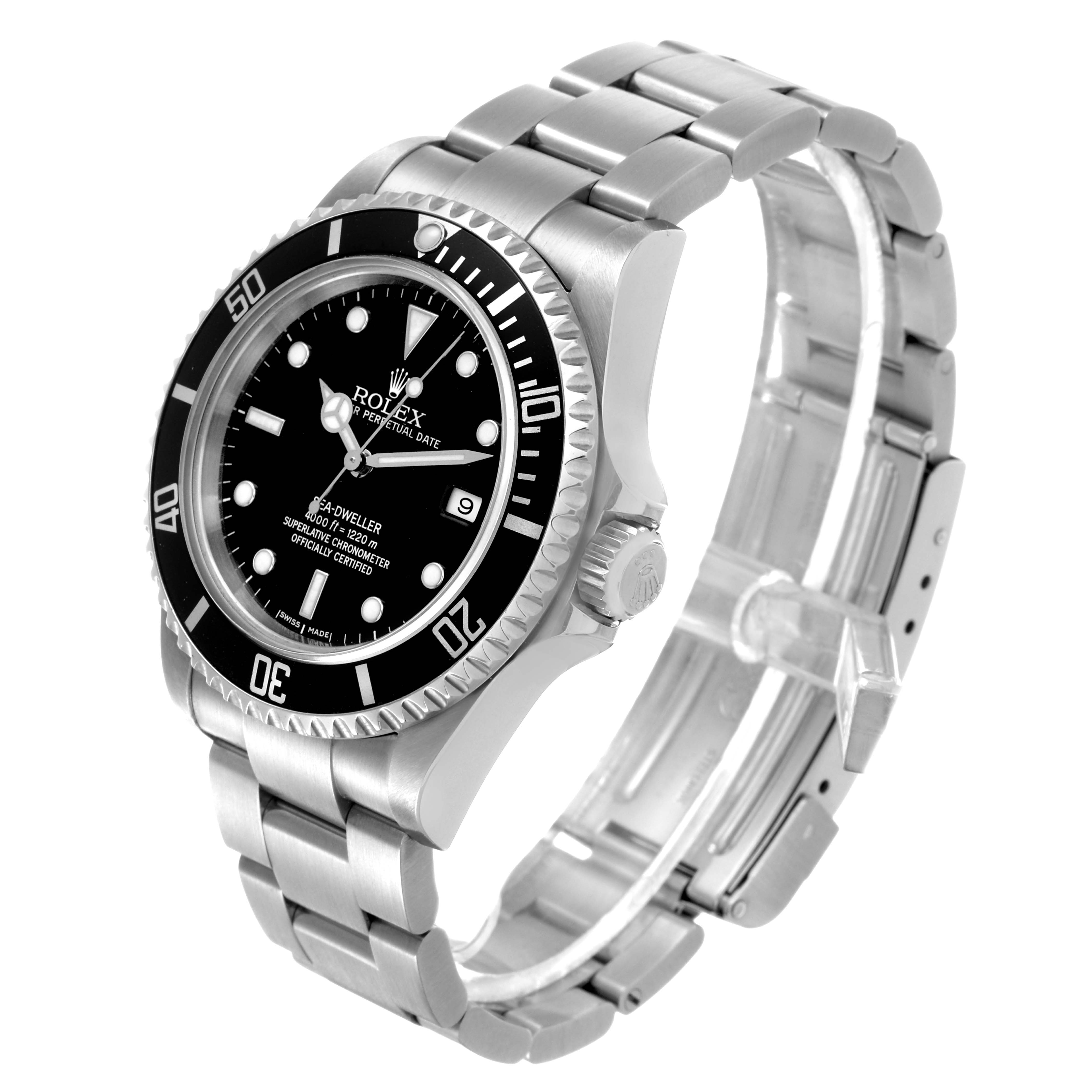 The Rolex Sea-Dweller 16600 Men's Stainless Steel Black Dial is shown from an angled side view, displaying the bracelet, bezel, dial, and crown.