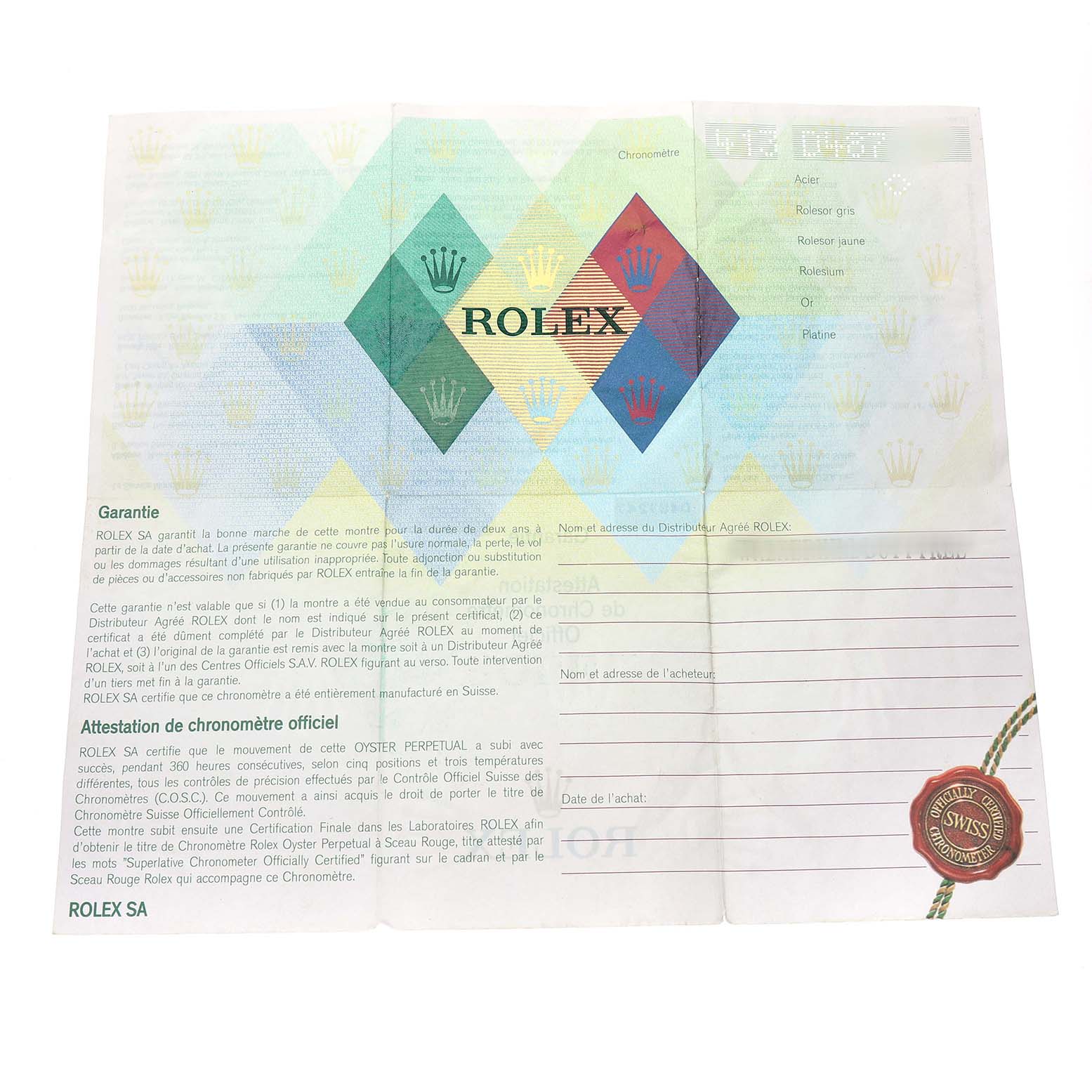 The image shows a warranty certificate with Rolex branding for the Sea-Dweller model.