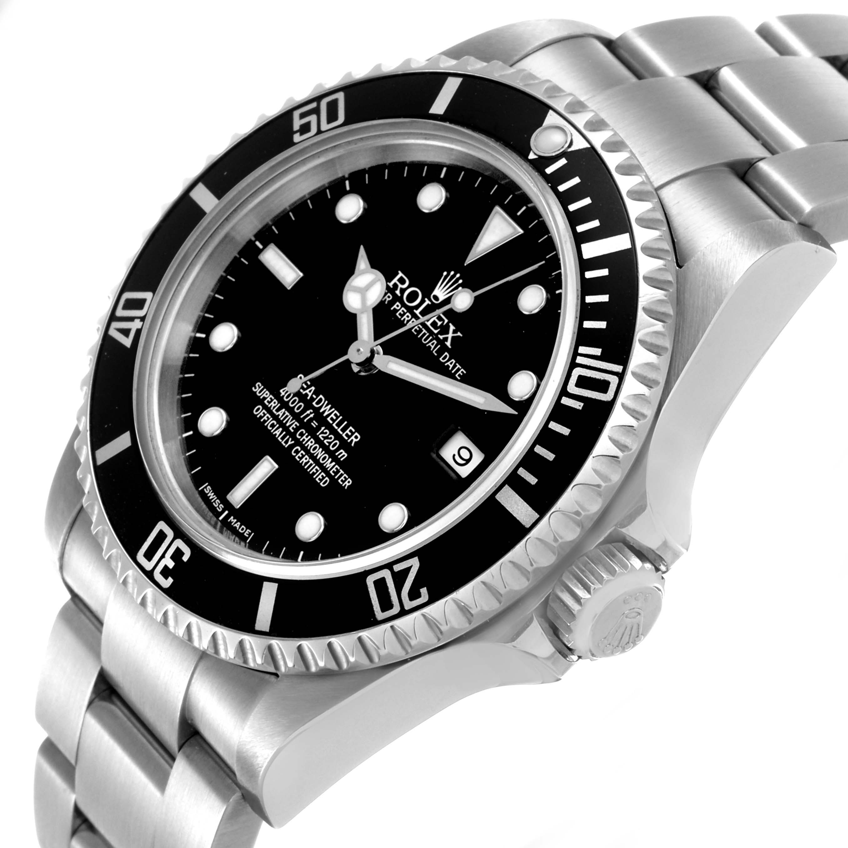 The Rolex Sea-Dweller 16600 Men's Stainless Steel Black Dial watch is angled to show the dial, bezel, case, and bracelet.