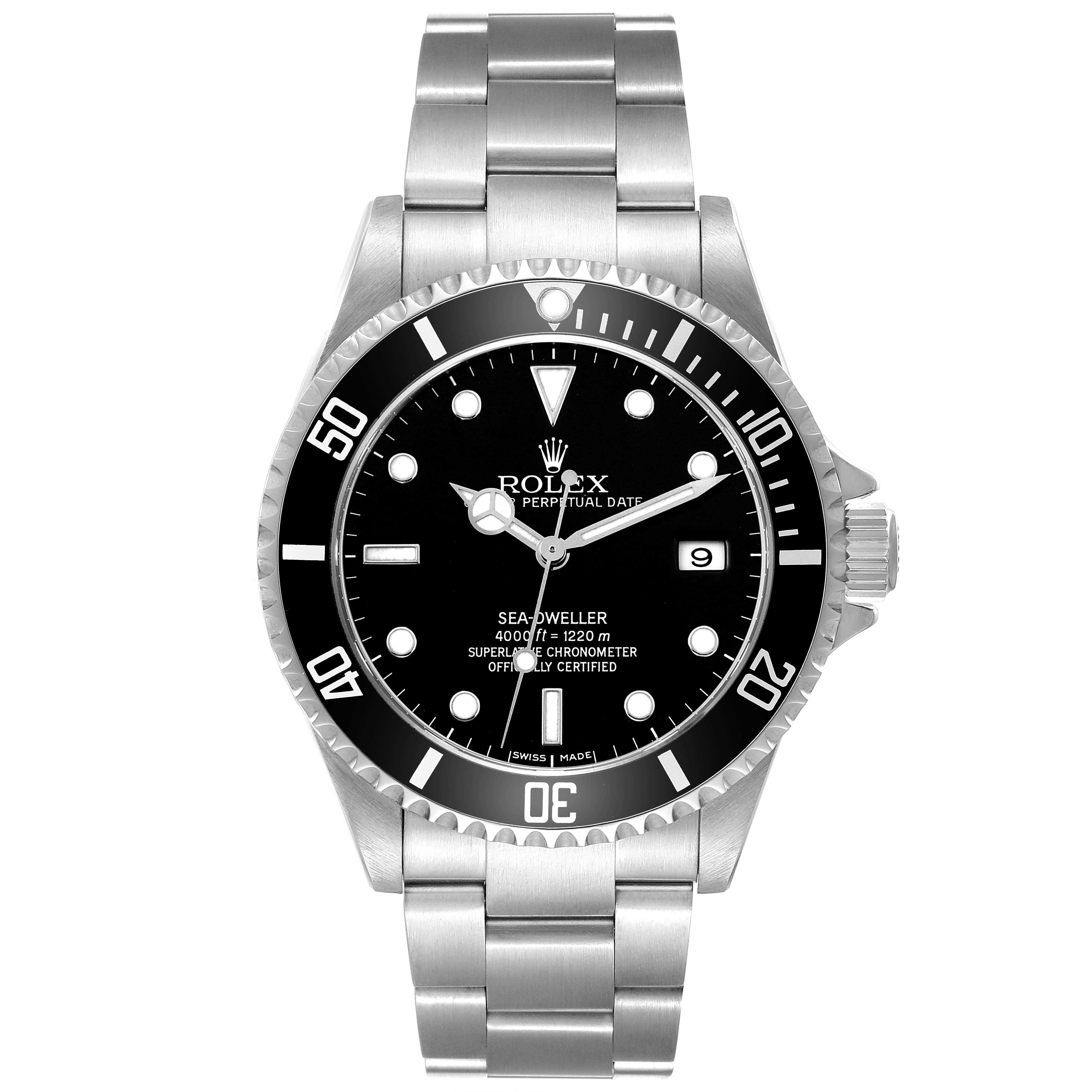 The Rolex Sea-Dweller 16600 Men's Stainless Steel Black Dial watch is shown from a front angle, displaying its face, bezel, crown, and metal bracelet.