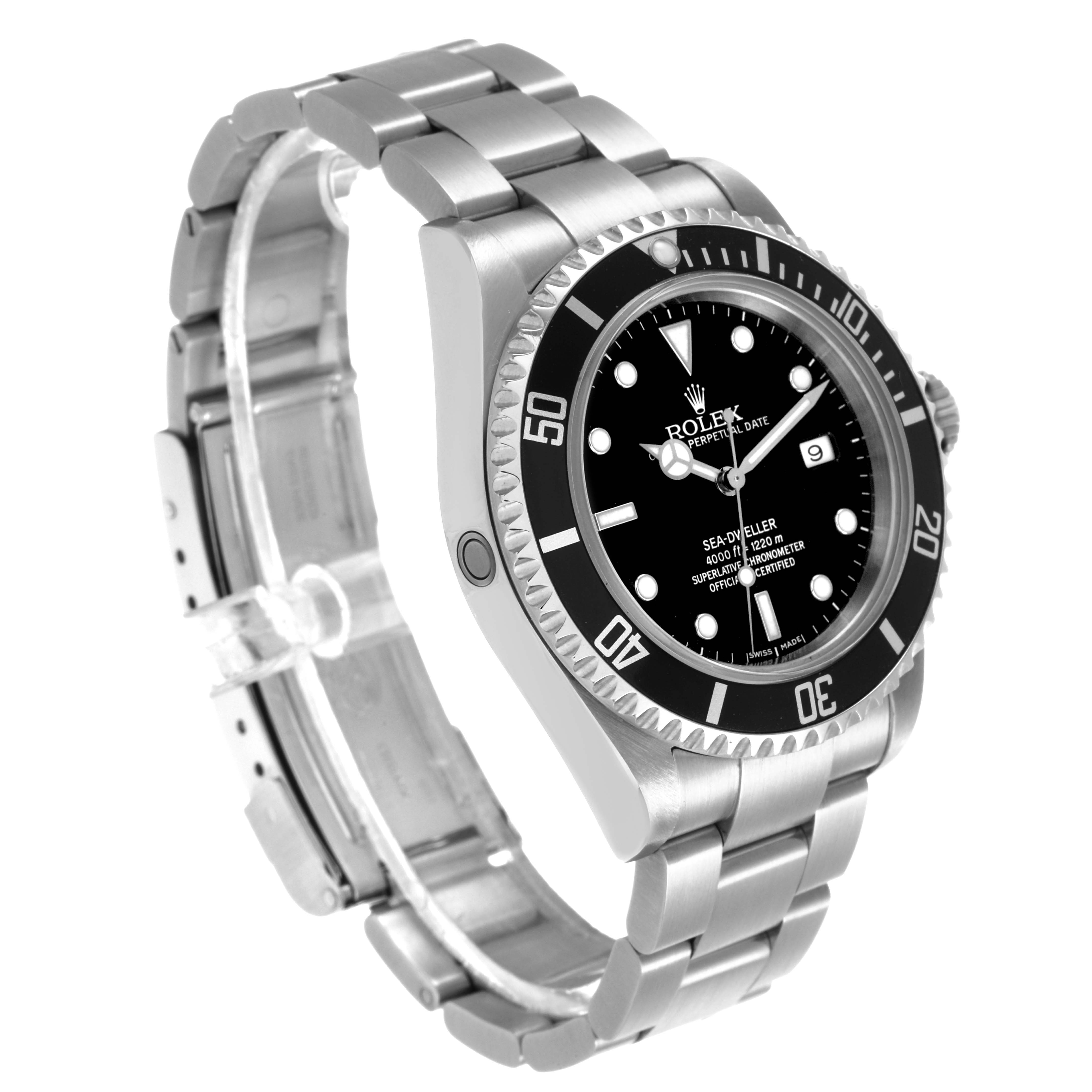 The Rolex Sea-Dweller 16600 Men's Stainless Steel Black Dial watch is shown at a three-quarter angle, highlighting the face, bezel, crown, and bracelet.