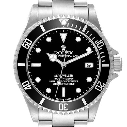 The Rolex Sea-Dweller 16600 Men's Stainless Steel Black Dial watch is shown from the front, displaying the dial, bezel, and part of the bracelet.