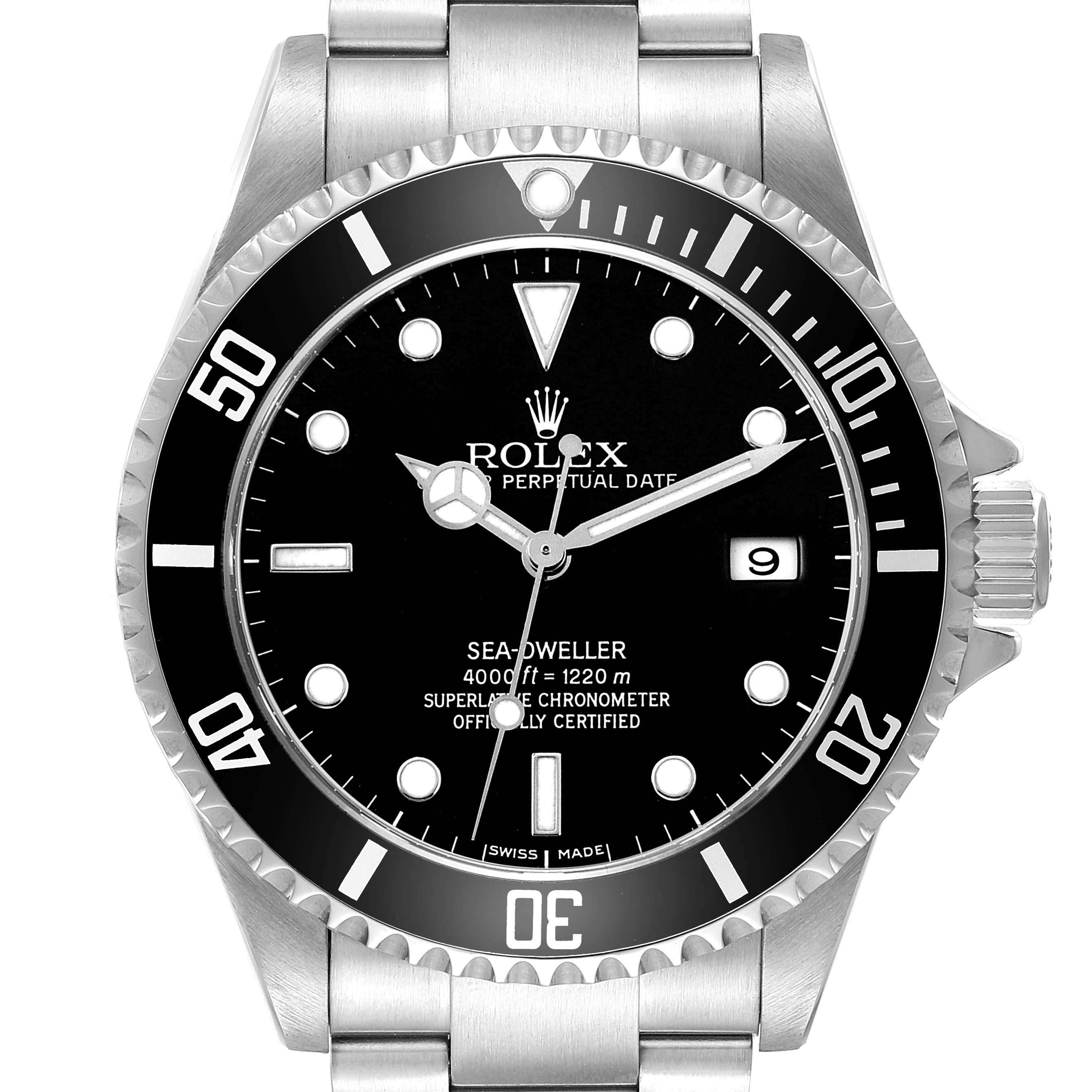 The Rolex Sea-Dweller 16600 Men's Stainless Steel Black Dial watch is shown from a front angle, highlighting its dial, bezel, crown, and bracelet.