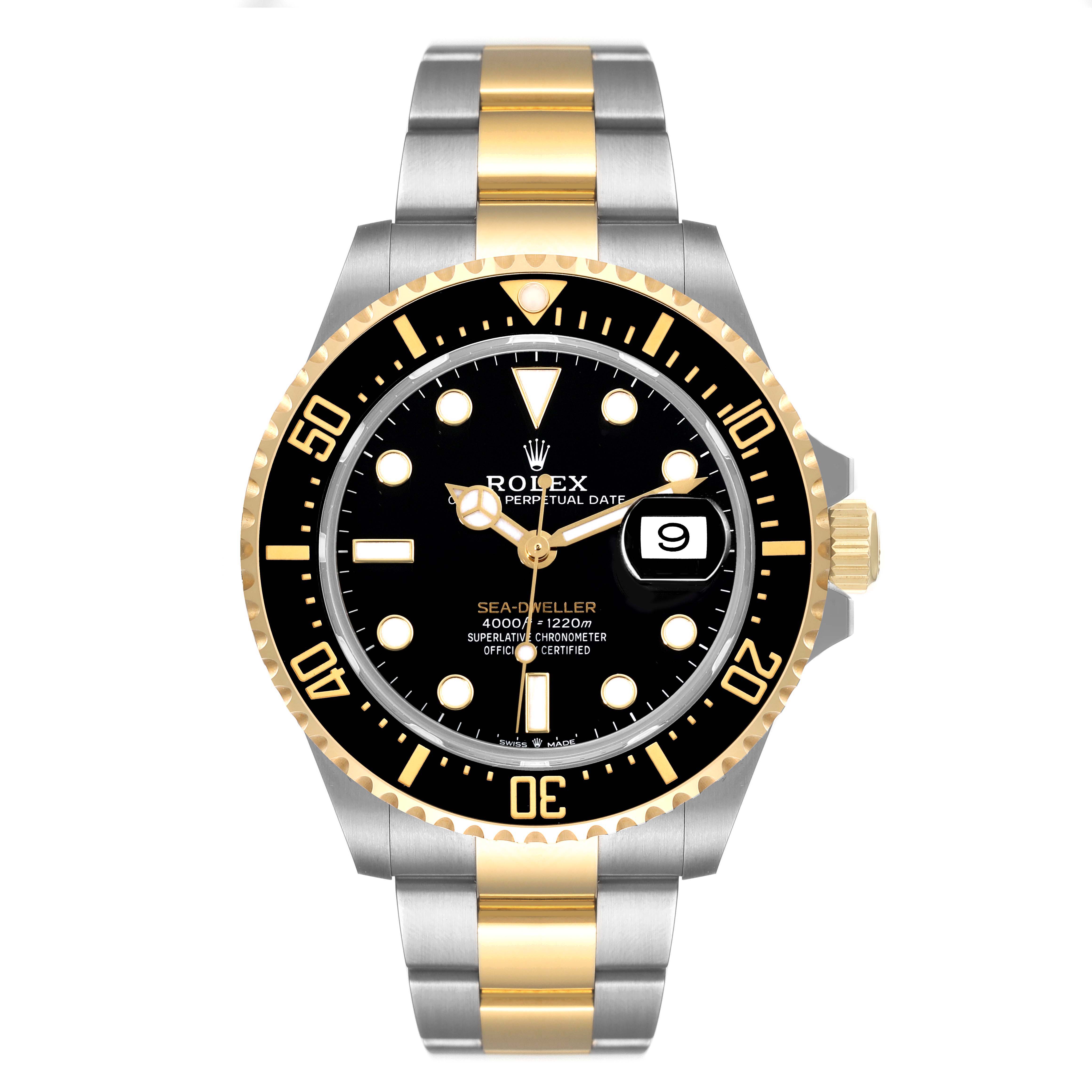 The image shows a front view of a Rolex Sea-Dweller 126603 Men's Steel and Gold (two tone) Black Dial 126603 Men's Steel and Gold (two tone) Black Dial model, highlighting the dial, bezel, bracelet, and date display.