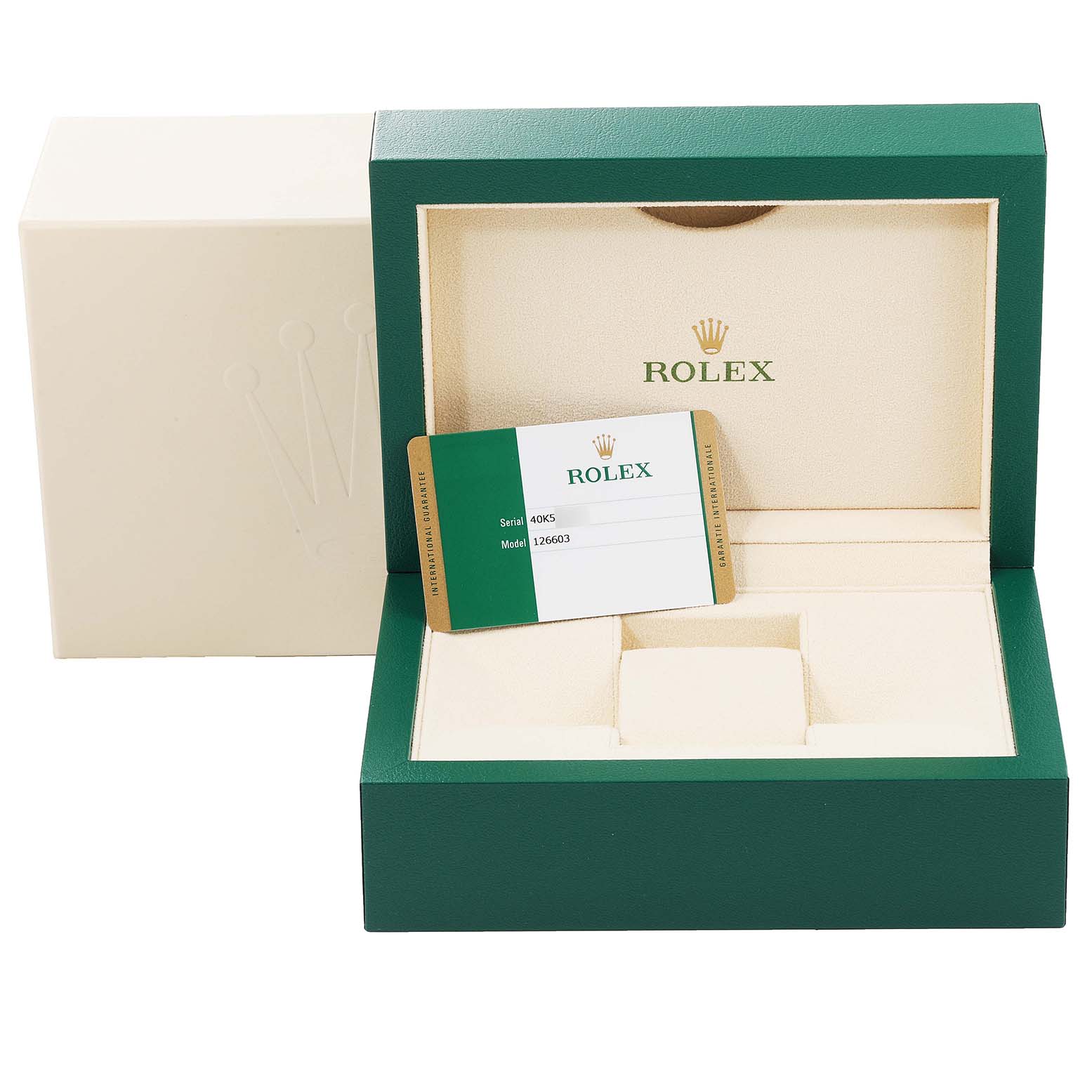 This image shows an open Rolex Sea-Dweller 126603 Men's Steel and Gold (two tone) Black Dial 126603 Men's Steel and Gold (two tone) Black Dial watch box with a displayed certification card.