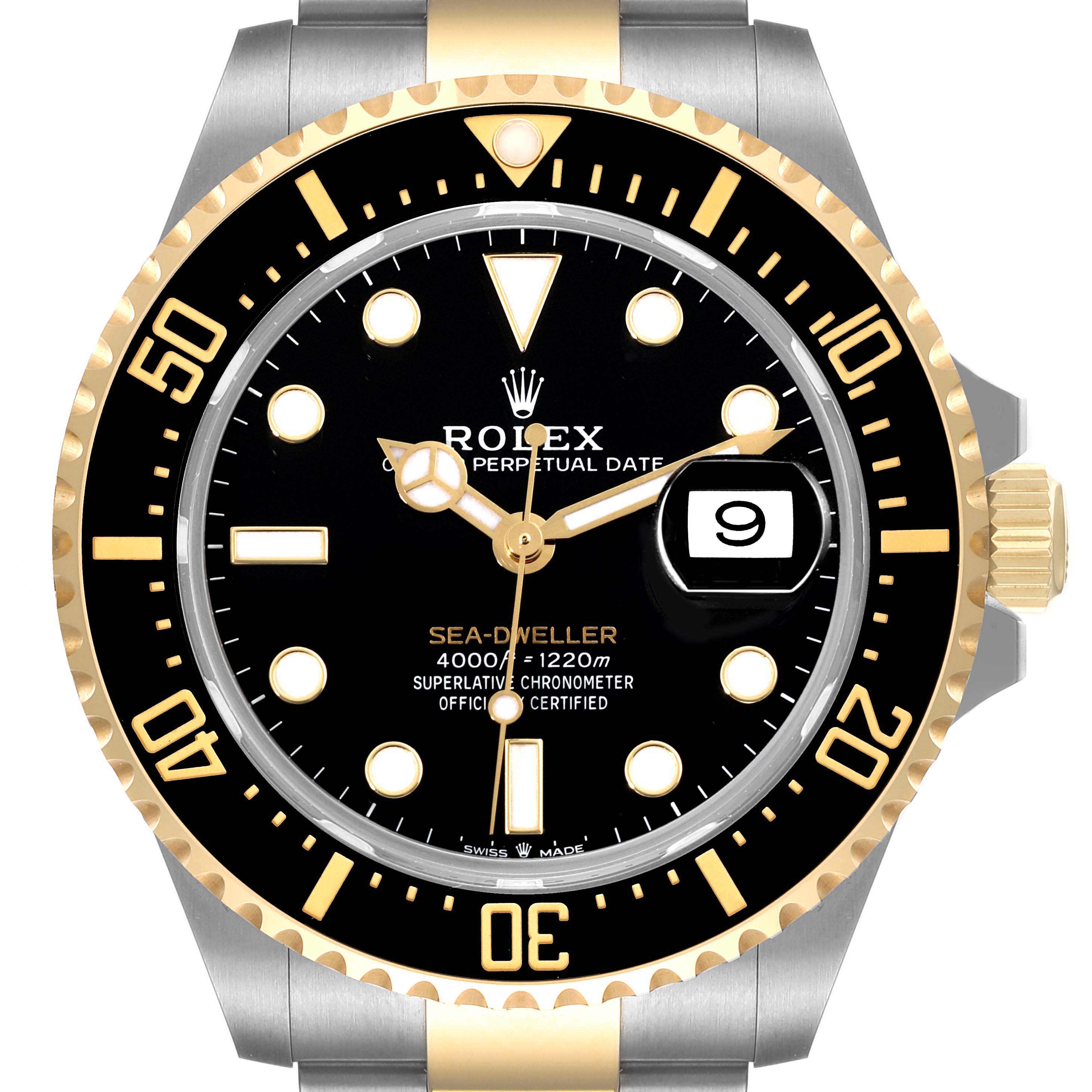 The image shows a Rolex Sea-Dweller 126603 Men's Steel and Gold (two tone) Black Dial 126603 Men's Steel and Gold (two tone) Black Dial watch front view, displaying the dial, bezel, and part of the bracelet.