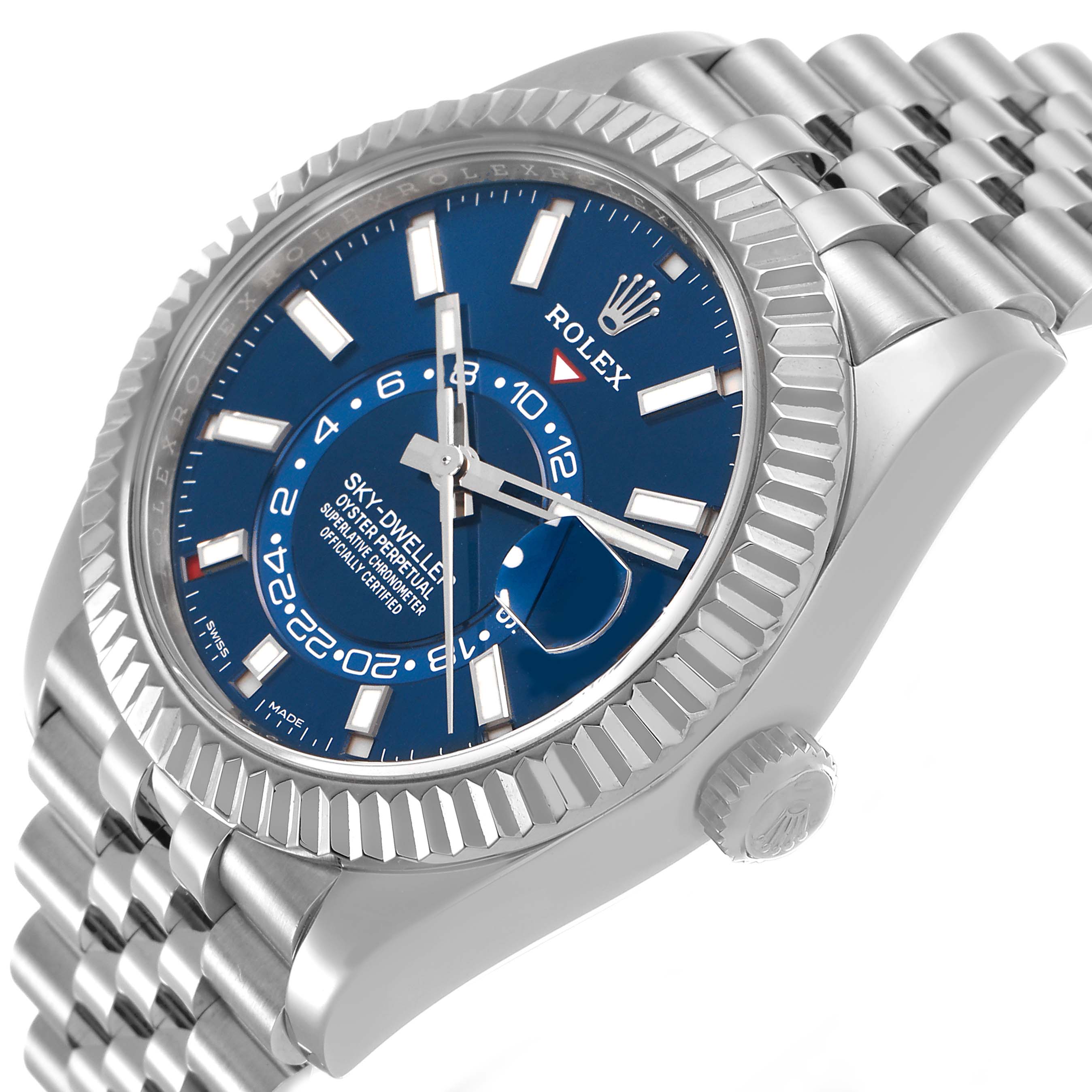 The Rolex Sky-Dweller 326934 Men's Stainless Steel Blue Dial is shown at a three-quarter angle, displaying its blue dial, fluted bezel, and Jubilee bracelet.