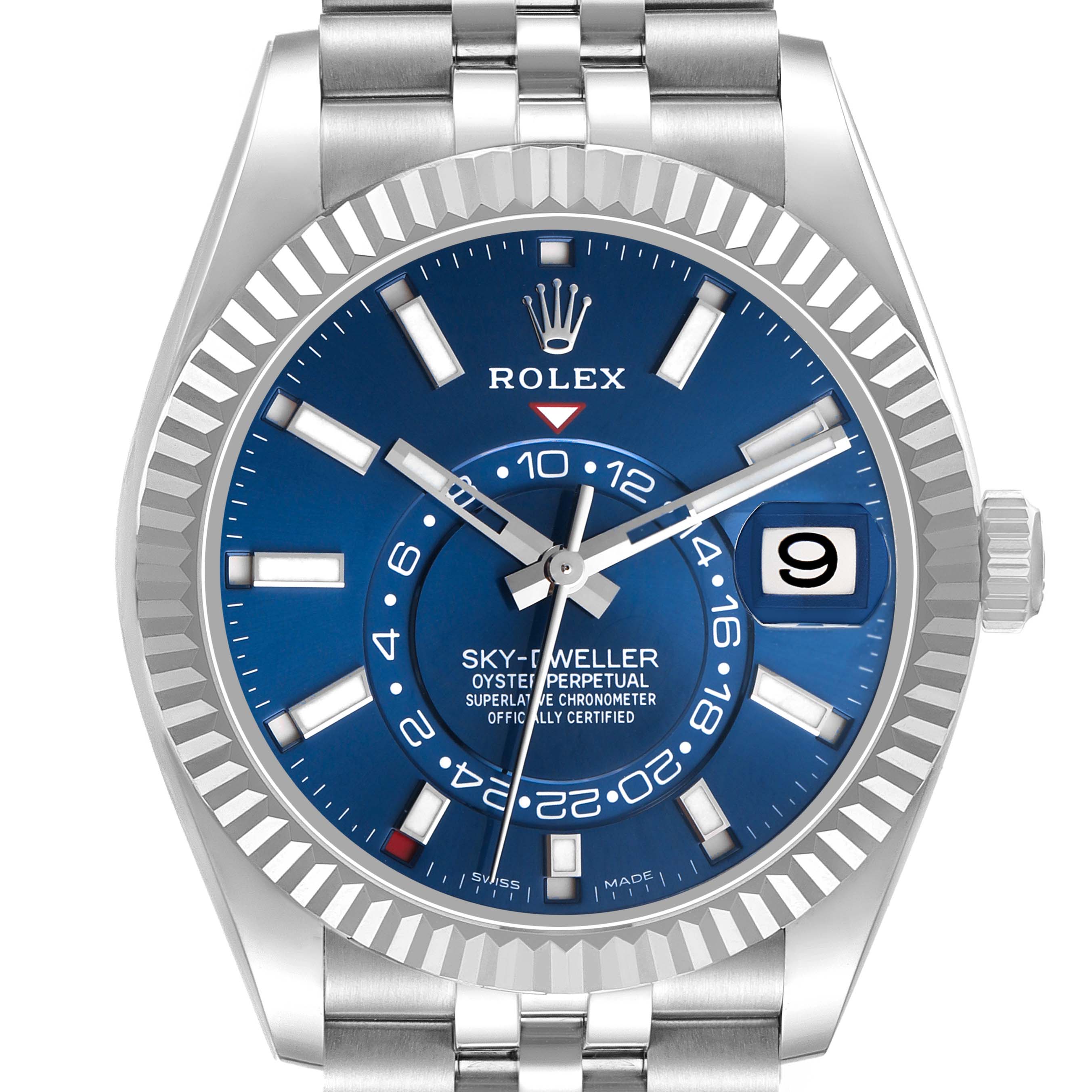 The Rolex Sky-Dweller 326934 Men's Stainless Steel Blue Dial is shown from a straight-on angle, displaying its blue dial, bezel, and bracelet.