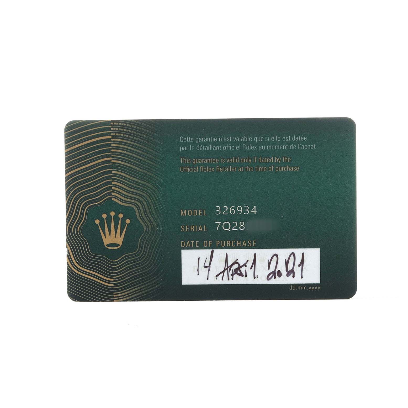 The image shows a warranty card for a Rolex Sky-Dweller 326934 Men's Stainless Steel Blue Dial, displaying model and serial numbers.