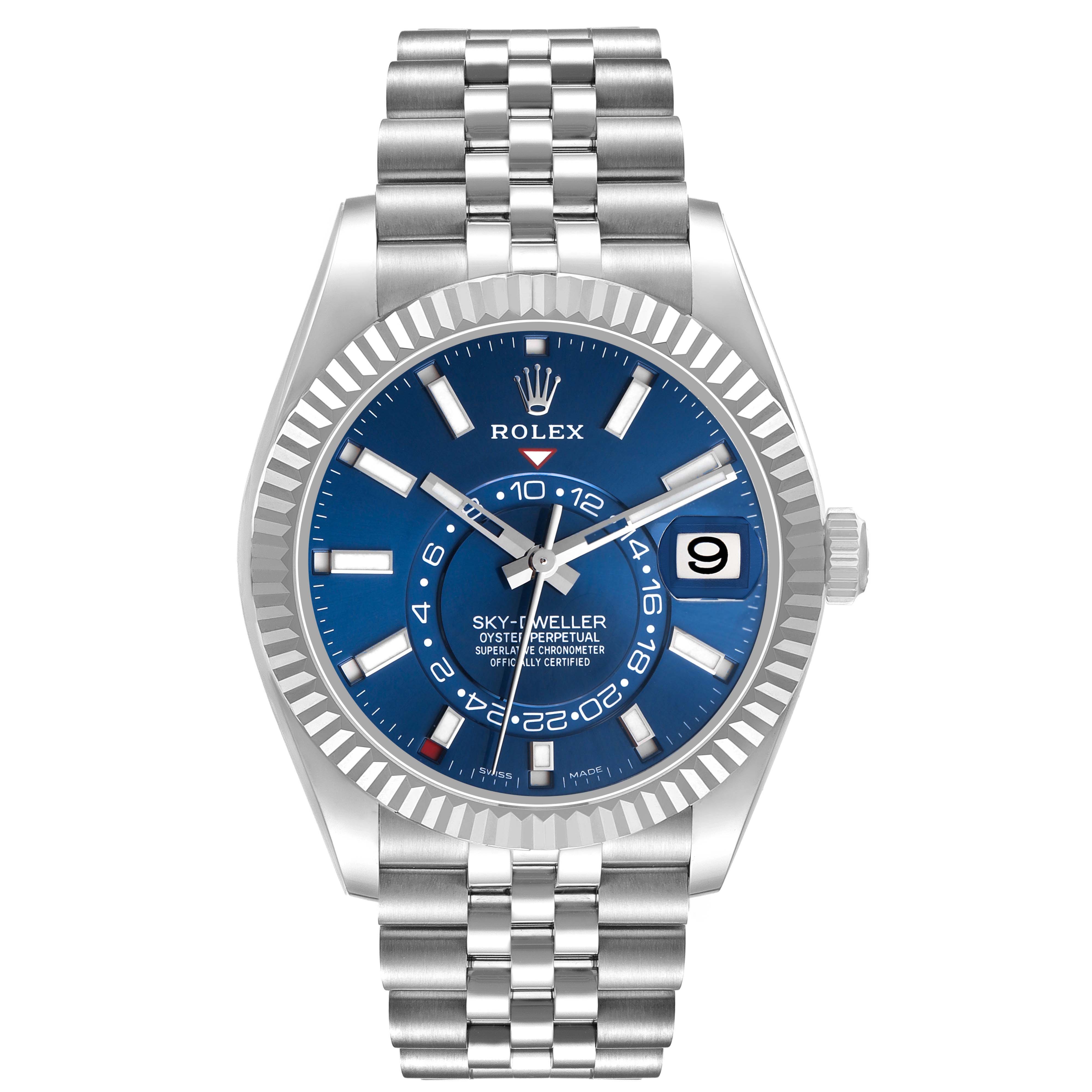 The Rolex Sky-Dweller 326934 Men's Stainless Steel Blue Dial watch is shown from the front, displaying its blue dial, fluted bezel, and Jubilee bracelet.