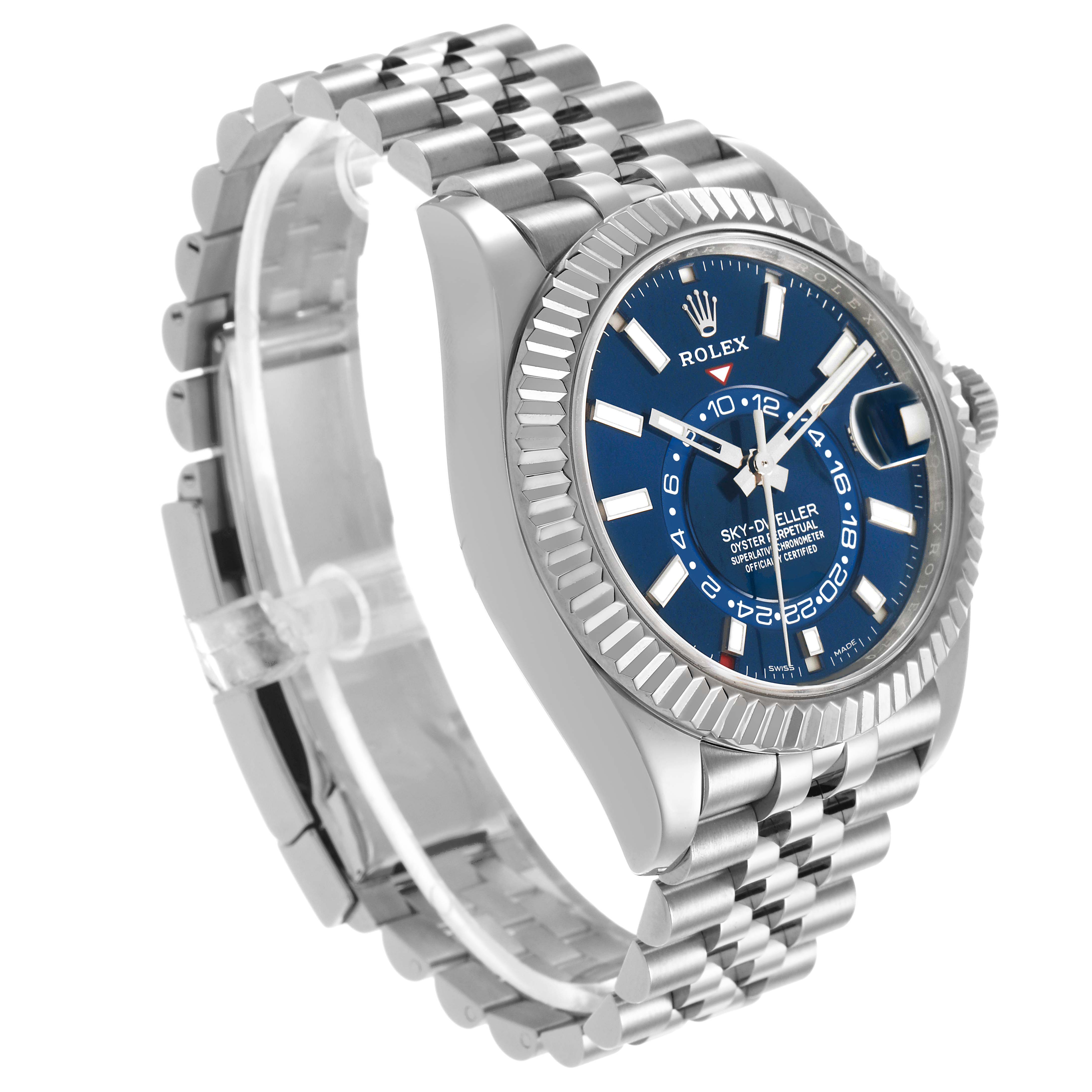 The Rolex Sky-Dweller 326934 Men's Stainless Steel Blue Dial watch is shown at an angled side view, highlighting the blue dial, bezel, crown, and bracelet.