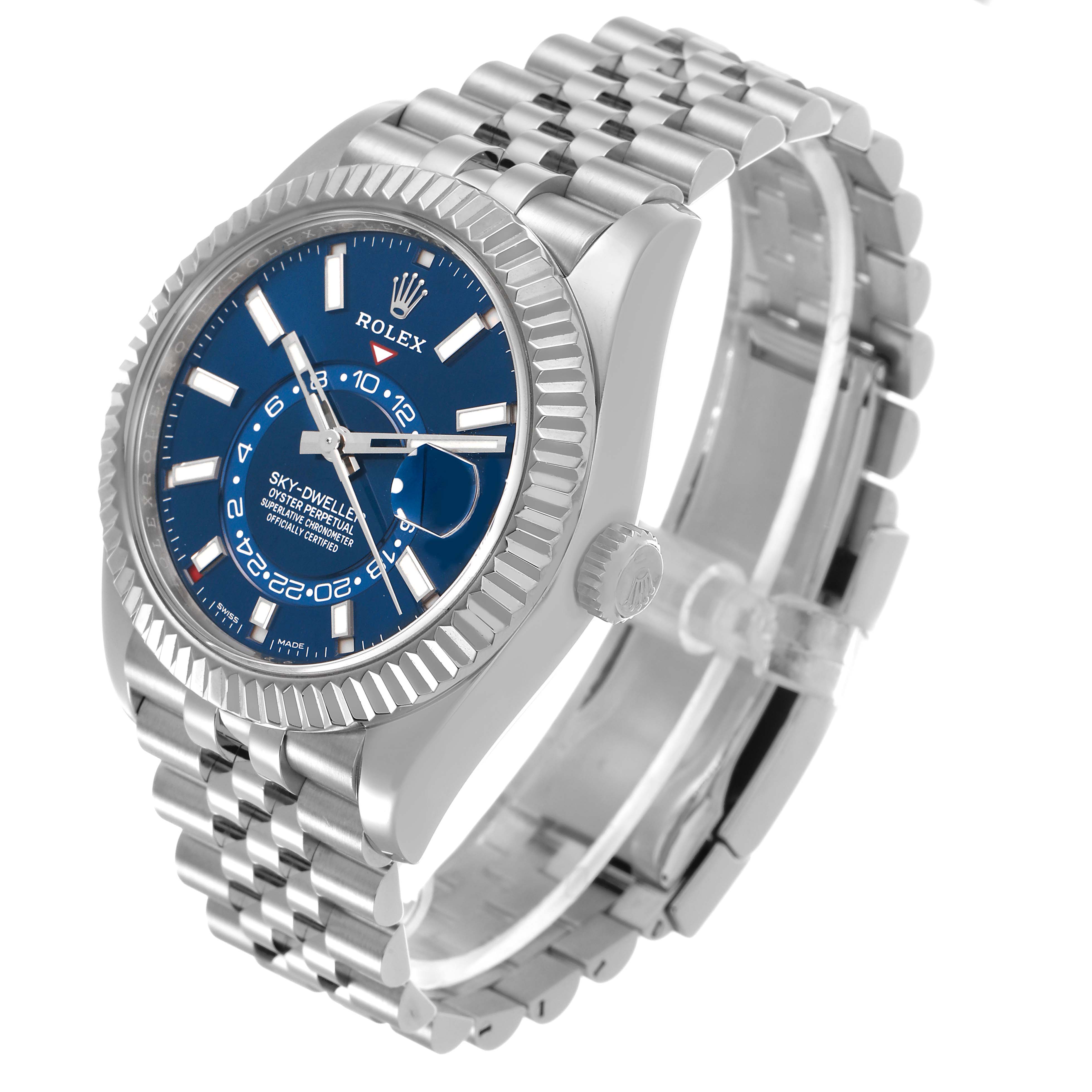 The Rolex Sky-Dweller 326934 Men's Stainless Steel Blue Dial watch is shown at an angle highlighting the face, bezel, crown, and bracelet.