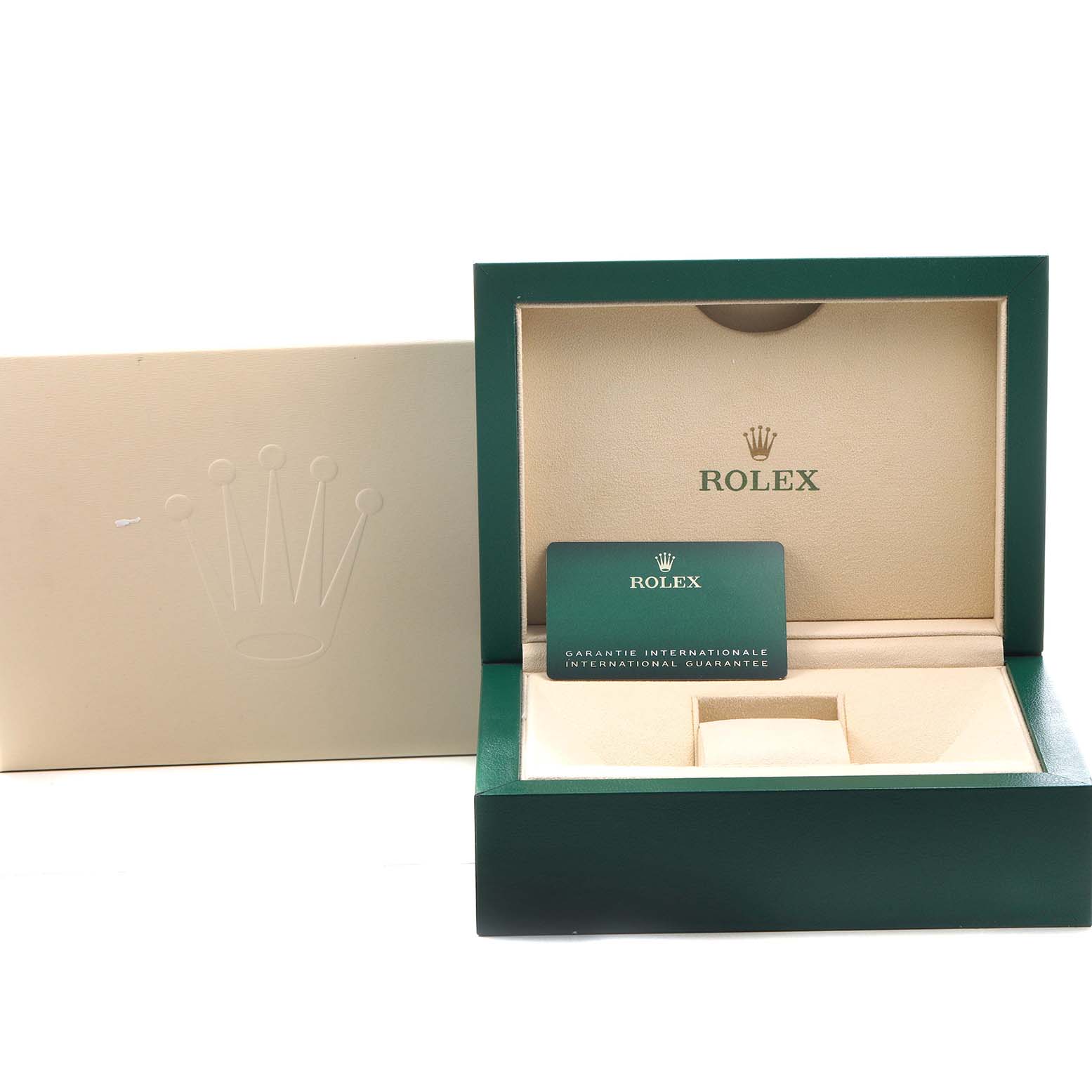 The image shows an open Rolex Sky-Dweller 326934 Men's Stainless Steel Blue Dial box at a front angle, displaying the inner cushion and guarantee card.