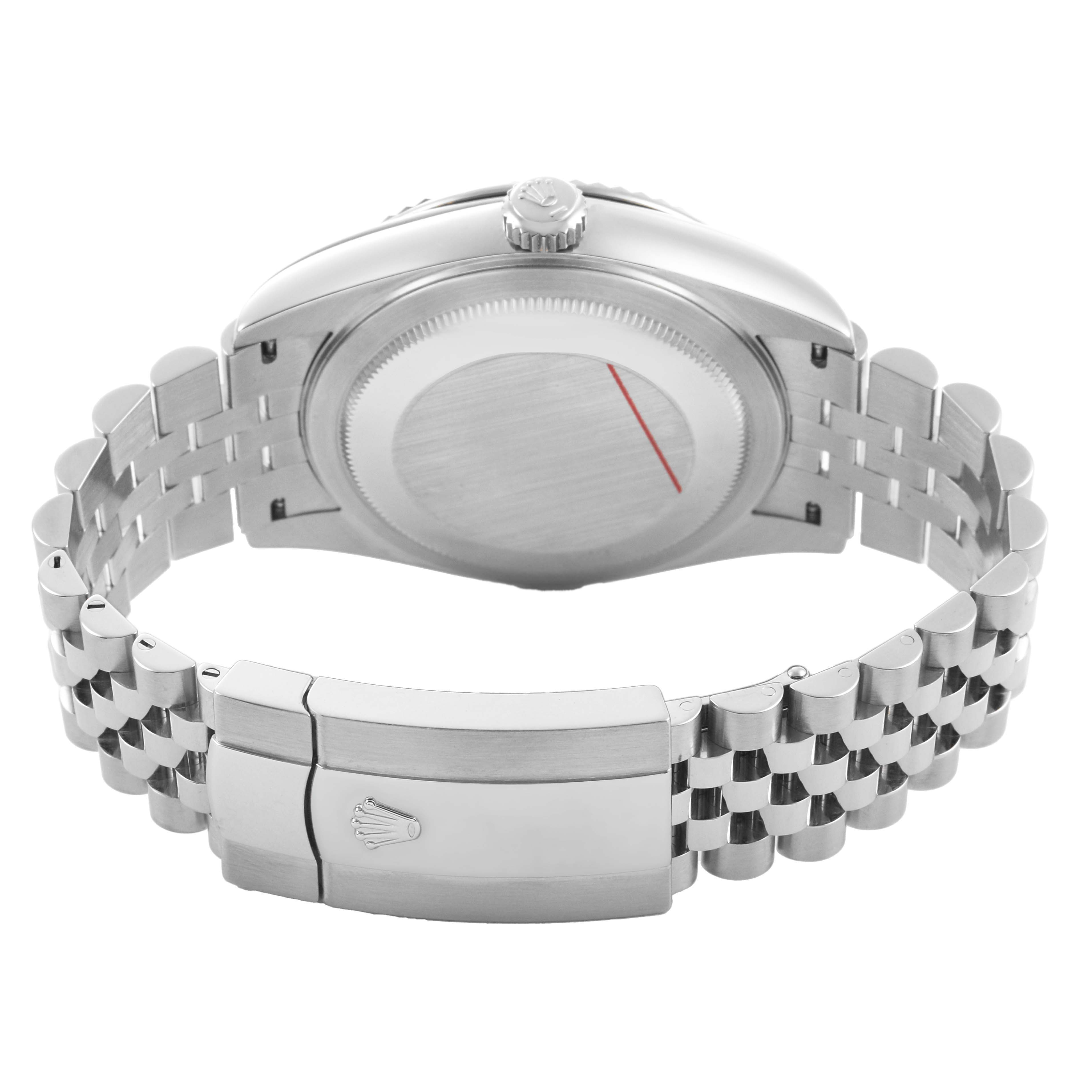 The Rolex Sky-Dweller 336934 Men's Stainless Steel Green Dial watch is shown from the back, highlighting its case back, bracelet, and clasp.