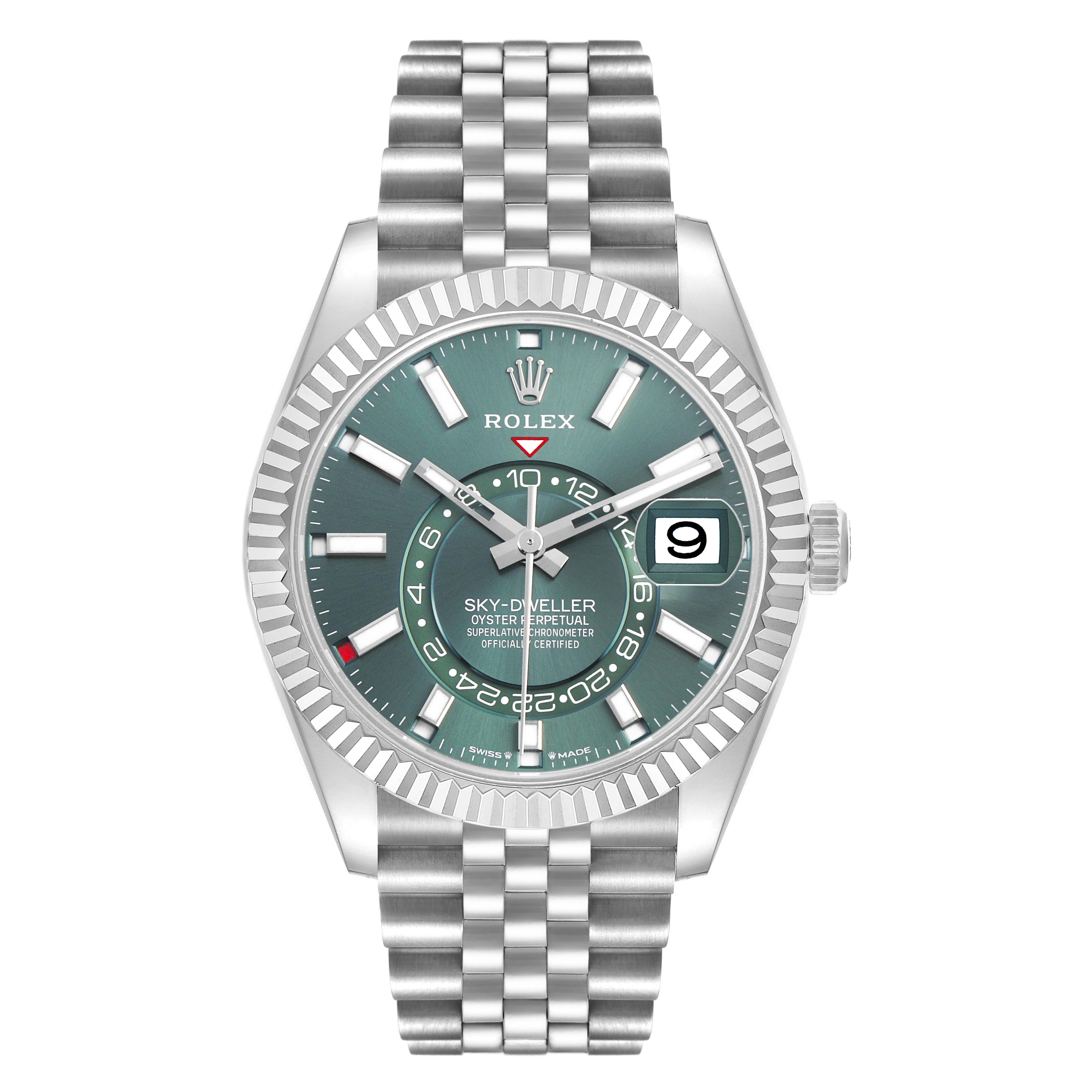 The Rolex Sky-Dweller 336934 Men's Stainless Steel Green Dial watch is shown from a front angle, displaying its bezel, dial, hands, date window, and bracelet.
