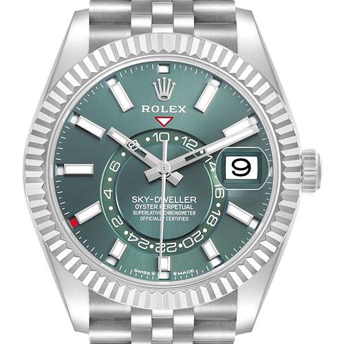 The Rolex Sky-Dweller 336934 Men's Stainless Steel Green Dial watch is shown from the front, highlighting the dial, bezel, crown, and bracelet top.