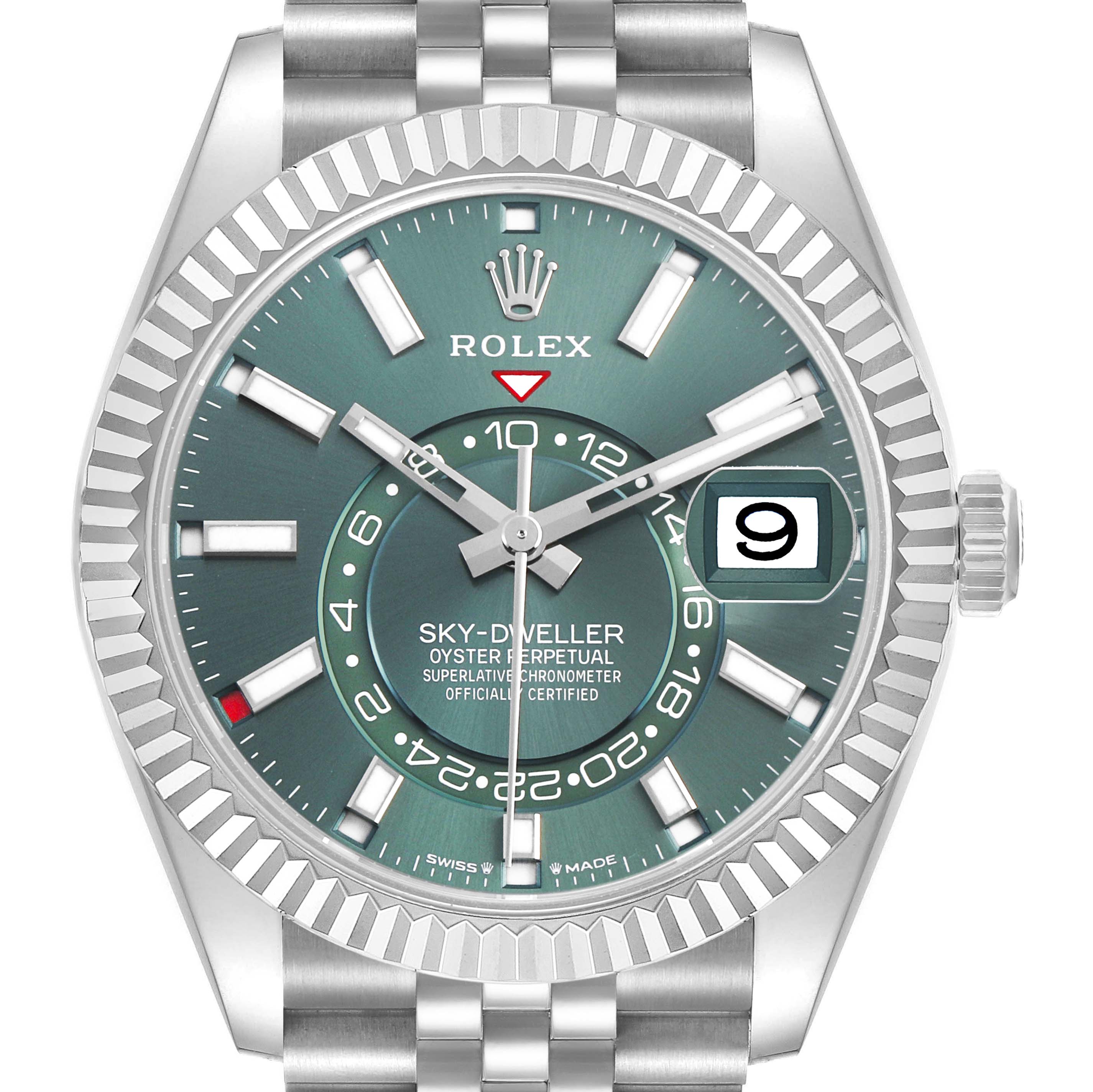 The Rolex Sky-Dweller 336934 Men's Stainless Steel Green Dial watch is shown from a front angle, highlighting the dial, bezel, and part of the bracelet.