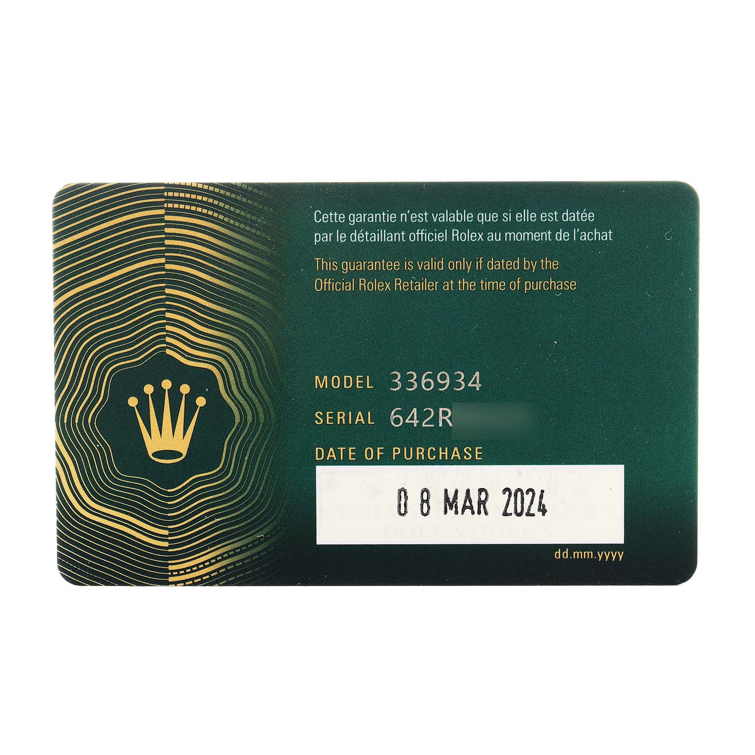 This image shows a warranty card for the Rolex Sky-Dweller 336934 Men's Stainless Steel Green Dial, displaying model, serial numbers, and purchase date.