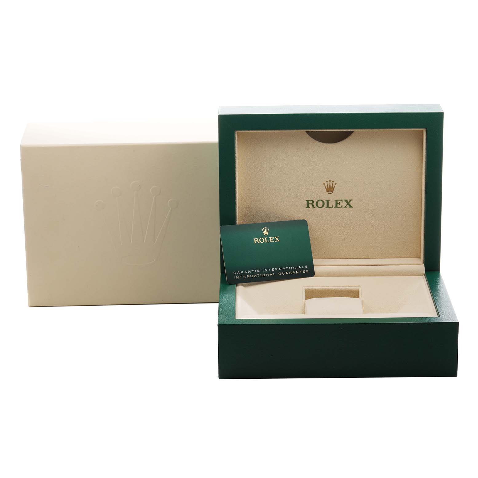 The image shows a Rolex Sky-Dweller 336934 Men's Stainless Steel Green Dial watch box open with the warranty card and an outer cover.