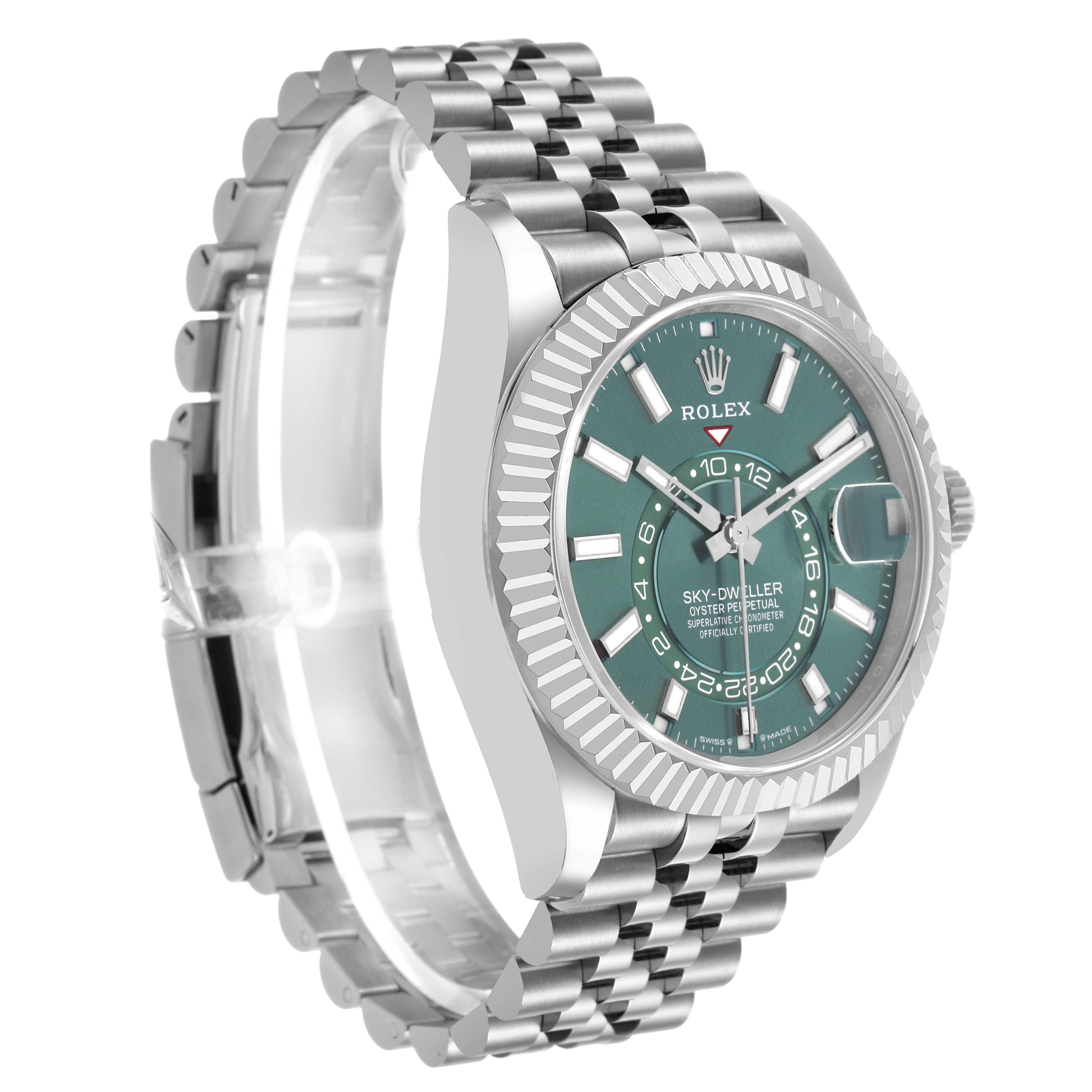 The Rolex Sky-Dweller 336934 Men's Stainless Steel Green Dial watch is shown at an angled view, highlighting the bezel, dial, and bracelet details.