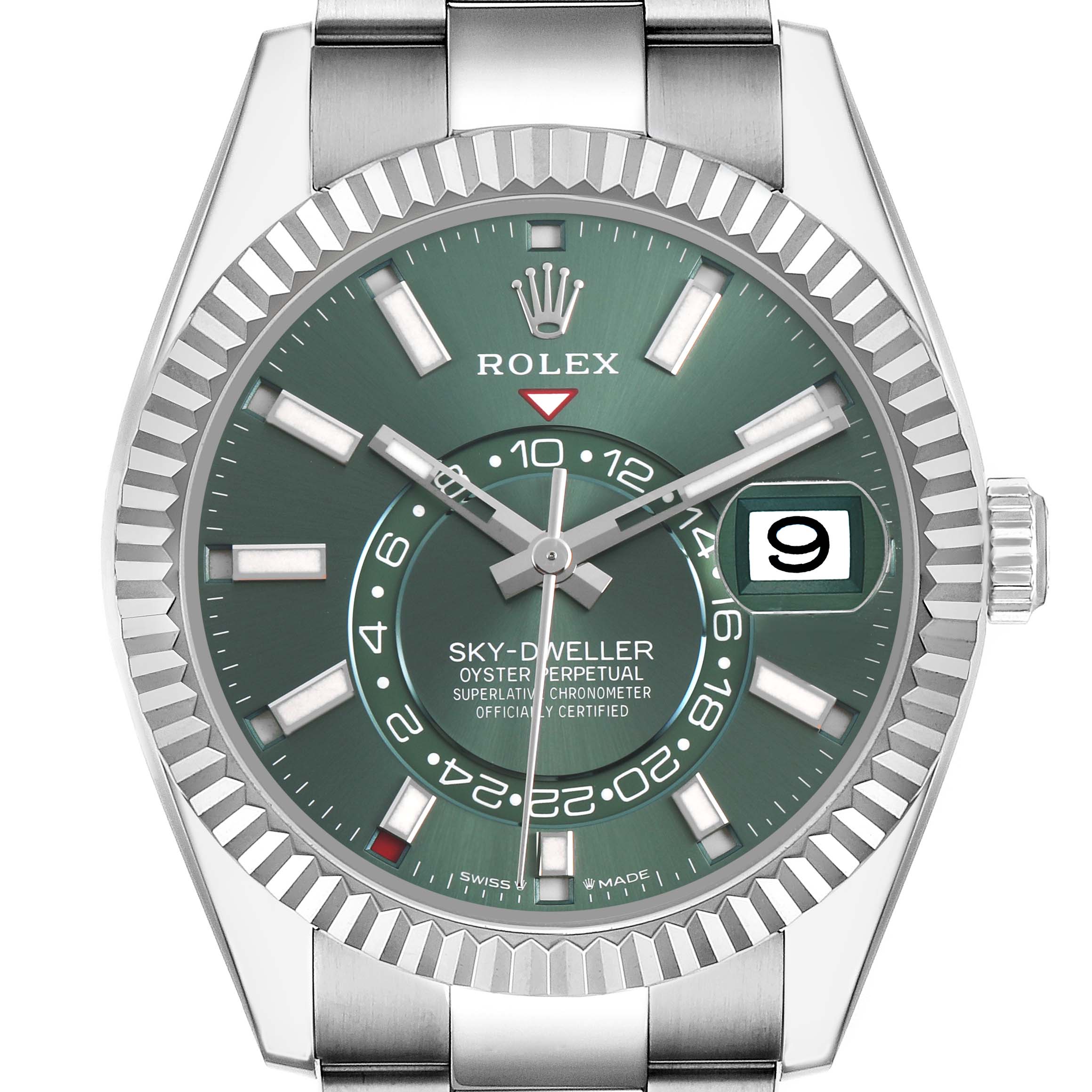 The Rolex Sky-Dweller 336934 Men's Stainless Steel Green Dial watch is shown from a front angle, featuring its green dial, fluted bezel, and date window.