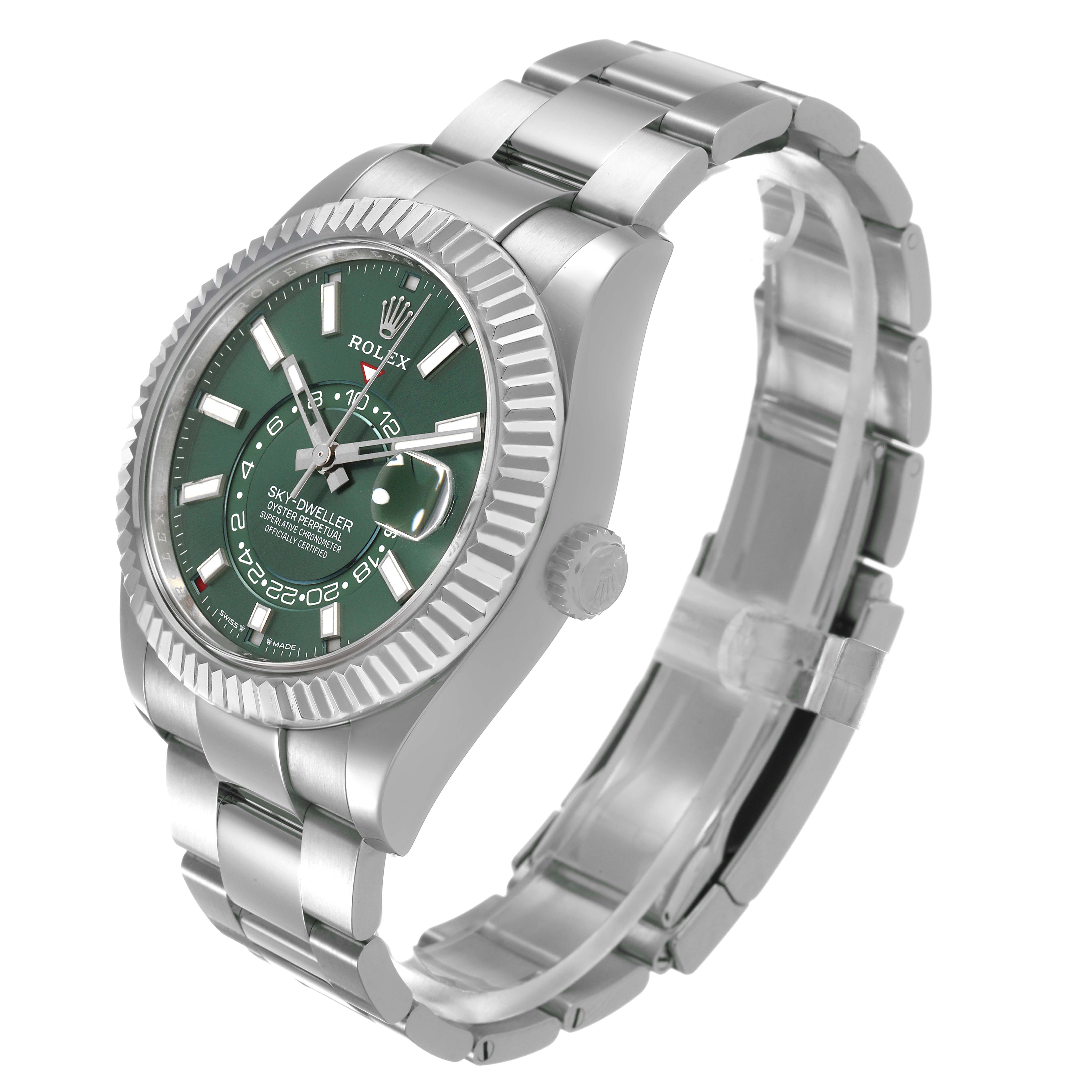 The Rolex Sky-Dweller 336934 Men's Stainless Steel Green Dial is shown at a three-quarter angle, displaying its green dial, fluted bezel, and stainless steel bracelet.