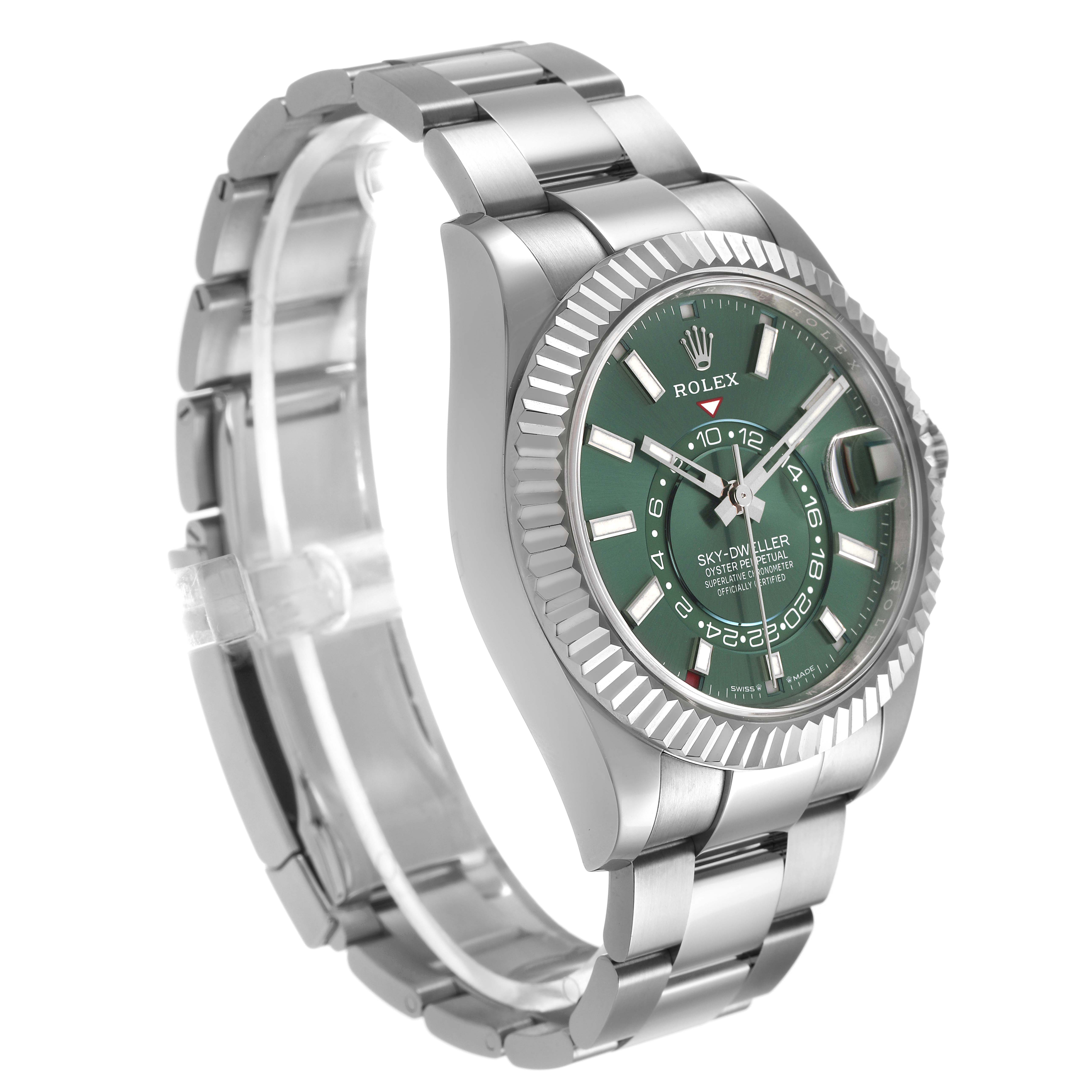 The Rolex Sky-Dweller 336934 Men's Stainless Steel Green Dial watch is shown at a three-quarter angle, displaying its green dial, fluted bezel, and stainless steel bracelet.