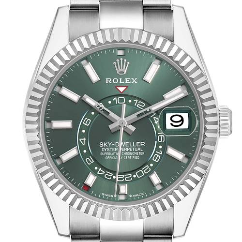 The Rolex Sky-Dweller 336934 Men's Stainless Steel Green Dial watch is shown from the front, highlighting the green dial, date window, and bezel.