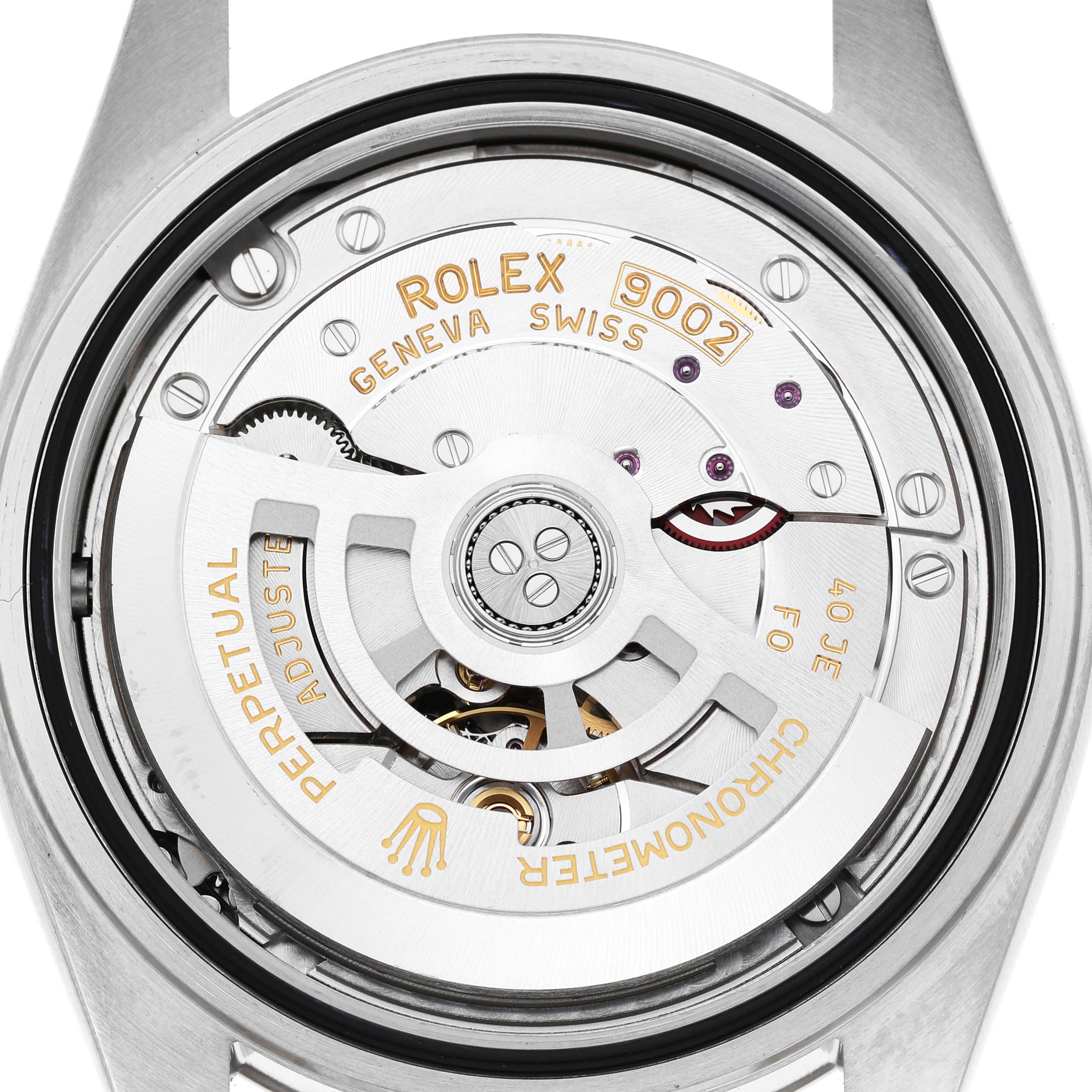 The image shows the back view of the Rolex Sky-Dweller 336934 Men's Stainless Steel Green Dial, featuring its intricate movement and engraved details.