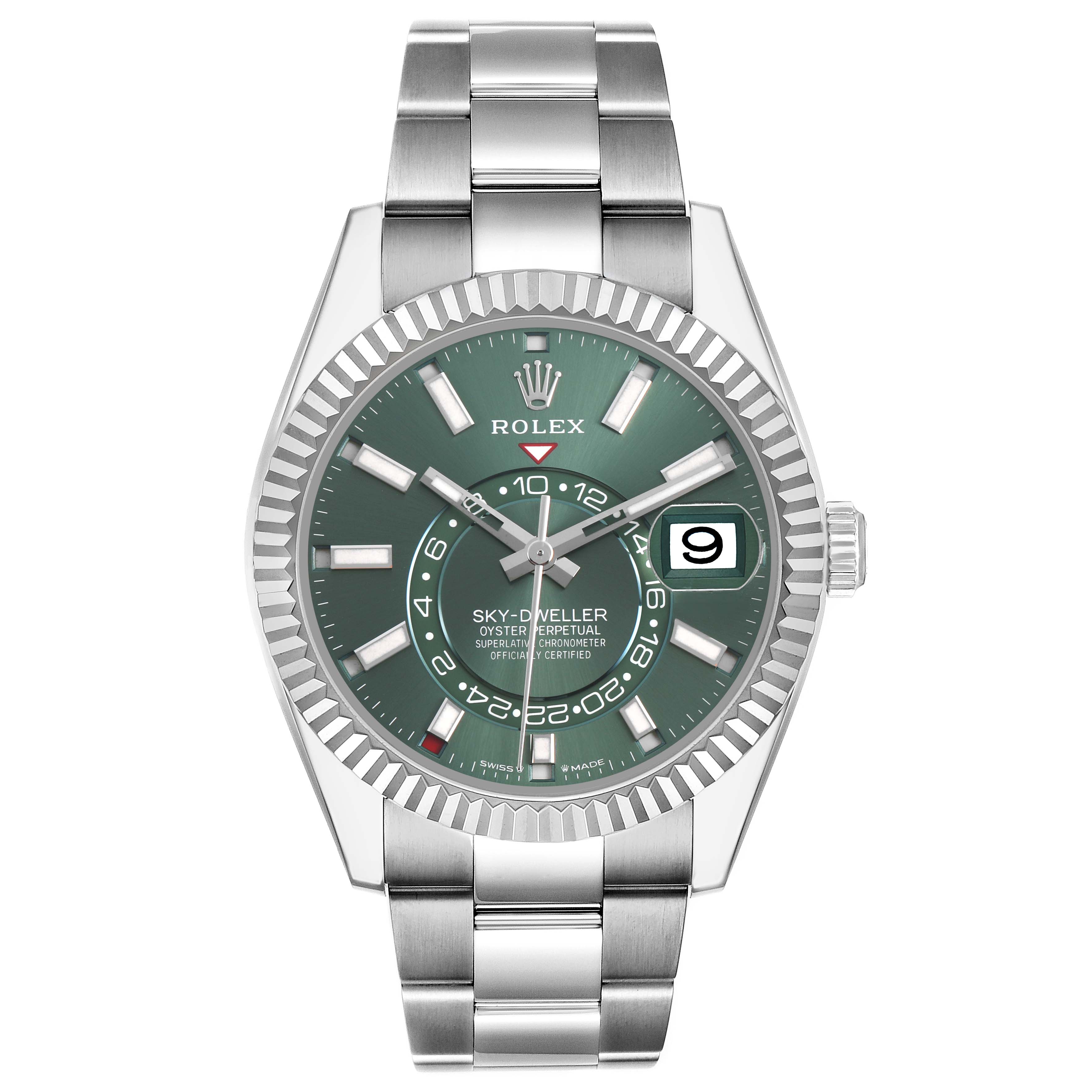 The Rolex Sky-Dweller 336934 Men's Stainless Steel Green Dial watch is shown from the front, displaying its green dial, hands, date window, and full bracelet.