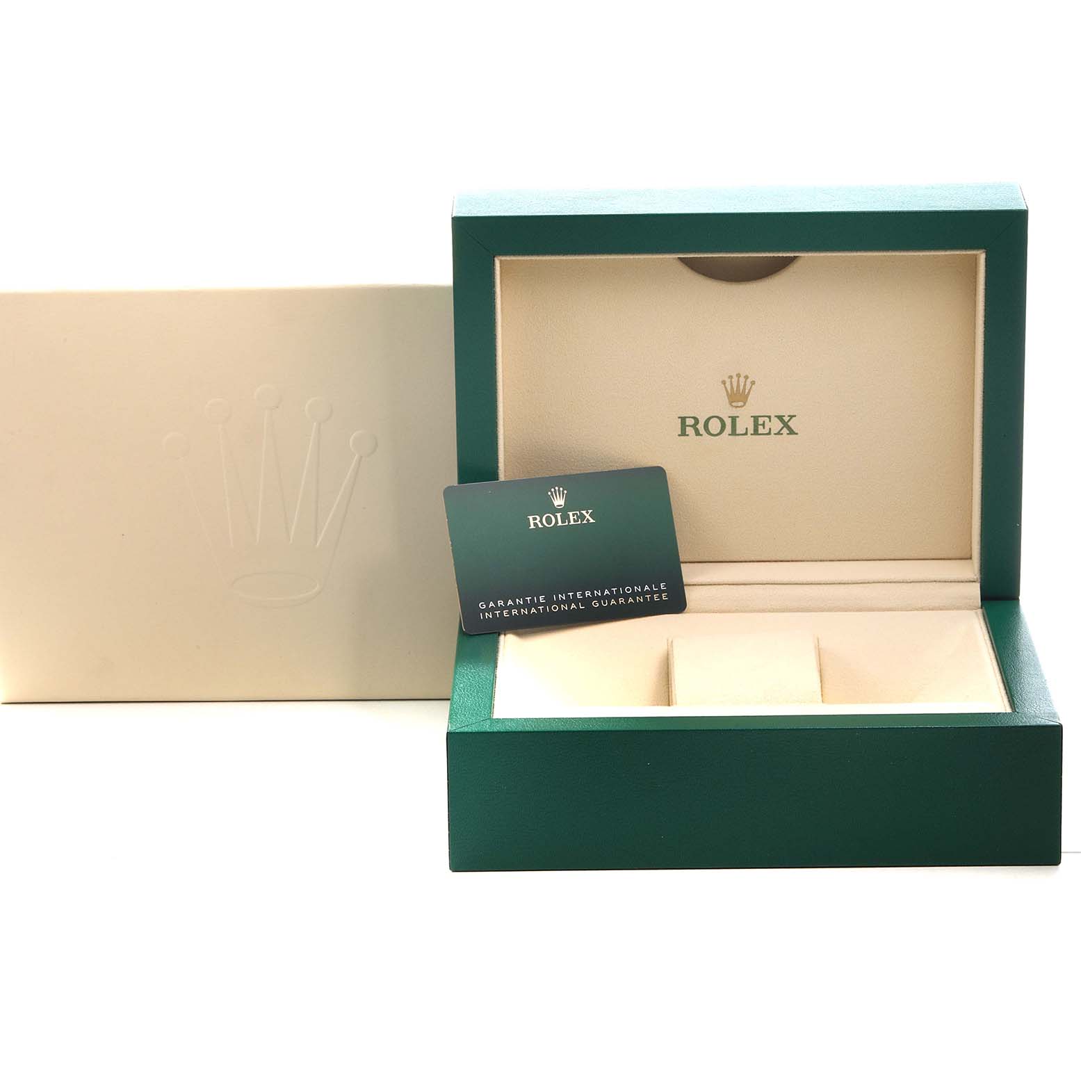 The image shows an open green Rolex Sky-Dweller 336934 Men's Stainless Steel Green Dial watch box with a warranty card and an outer beige box.
