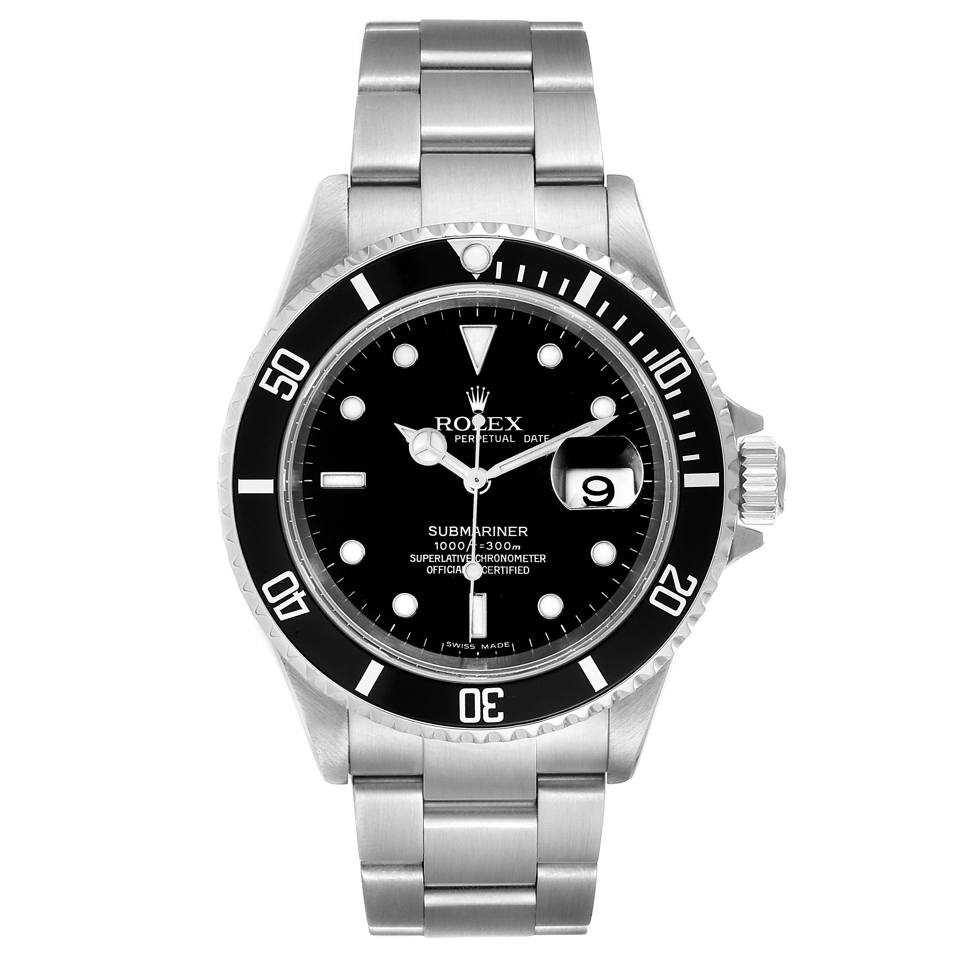 The Rolex Submariner 16610 Men's Stainless Steel Black Dial 16610 Men's Stainless Steel Black Dial watch is shown from the front, displaying its dial, bezel, crown, and bracelet.
