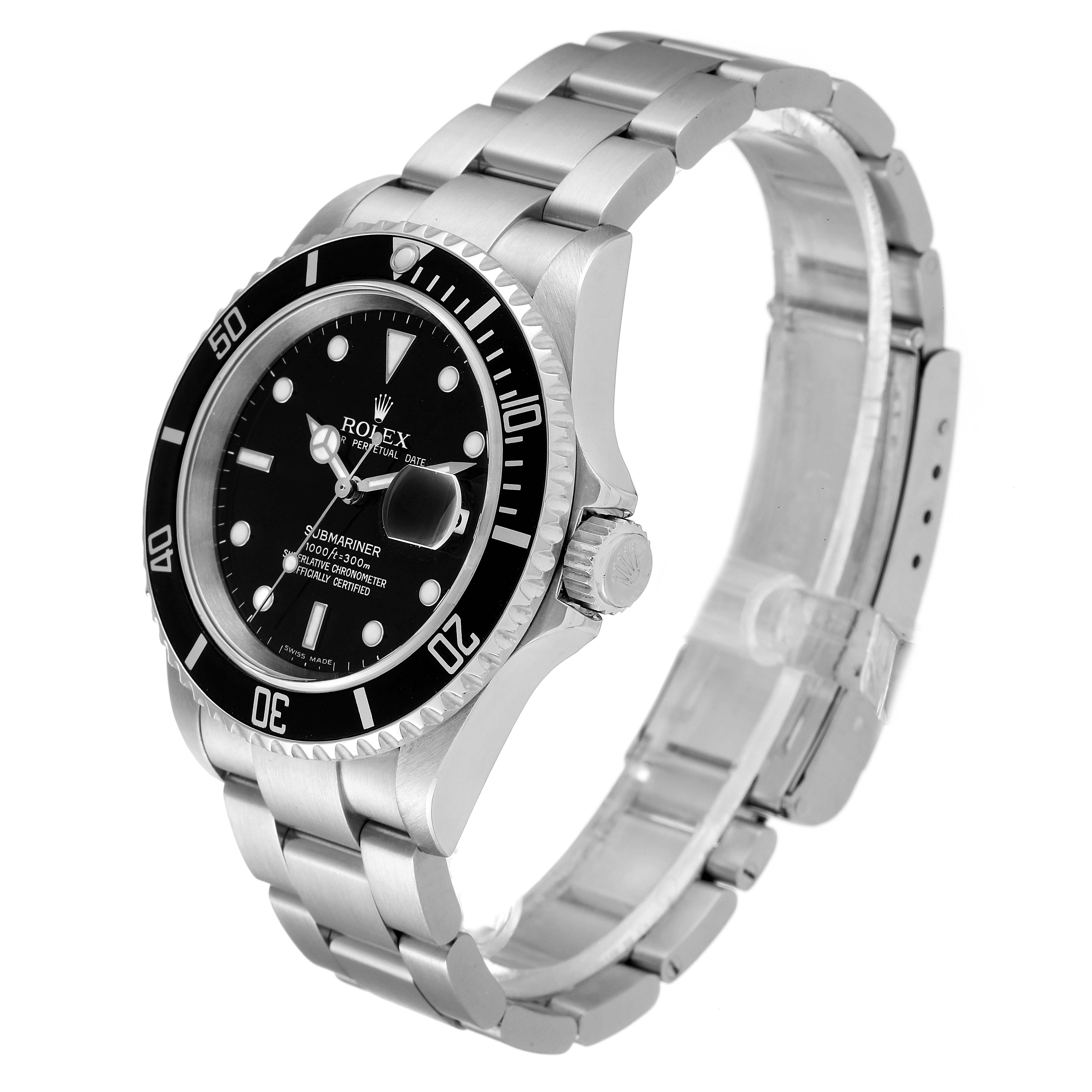 The image shows a Rolex Submariner 16610 Men's Stainless Steel Black Dial 16610 Men's Stainless Steel Black Dial watch at a slight angle, capturing the face, bezel, crown, and part of the bracelet.