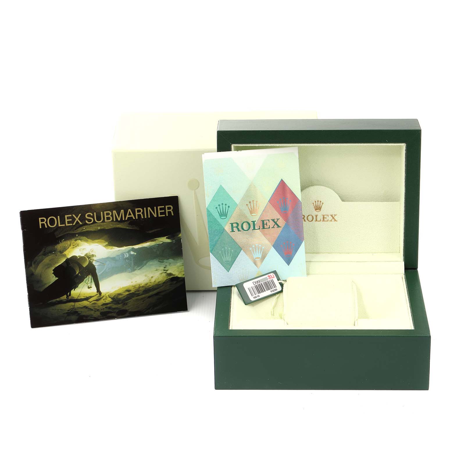 This image shows the Rolex Submariner 16610 Men's Stainless Steel Black Dial 16610 Men's Stainless Steel Black Dial packaging, including the watch box, user manual, and warranty card.