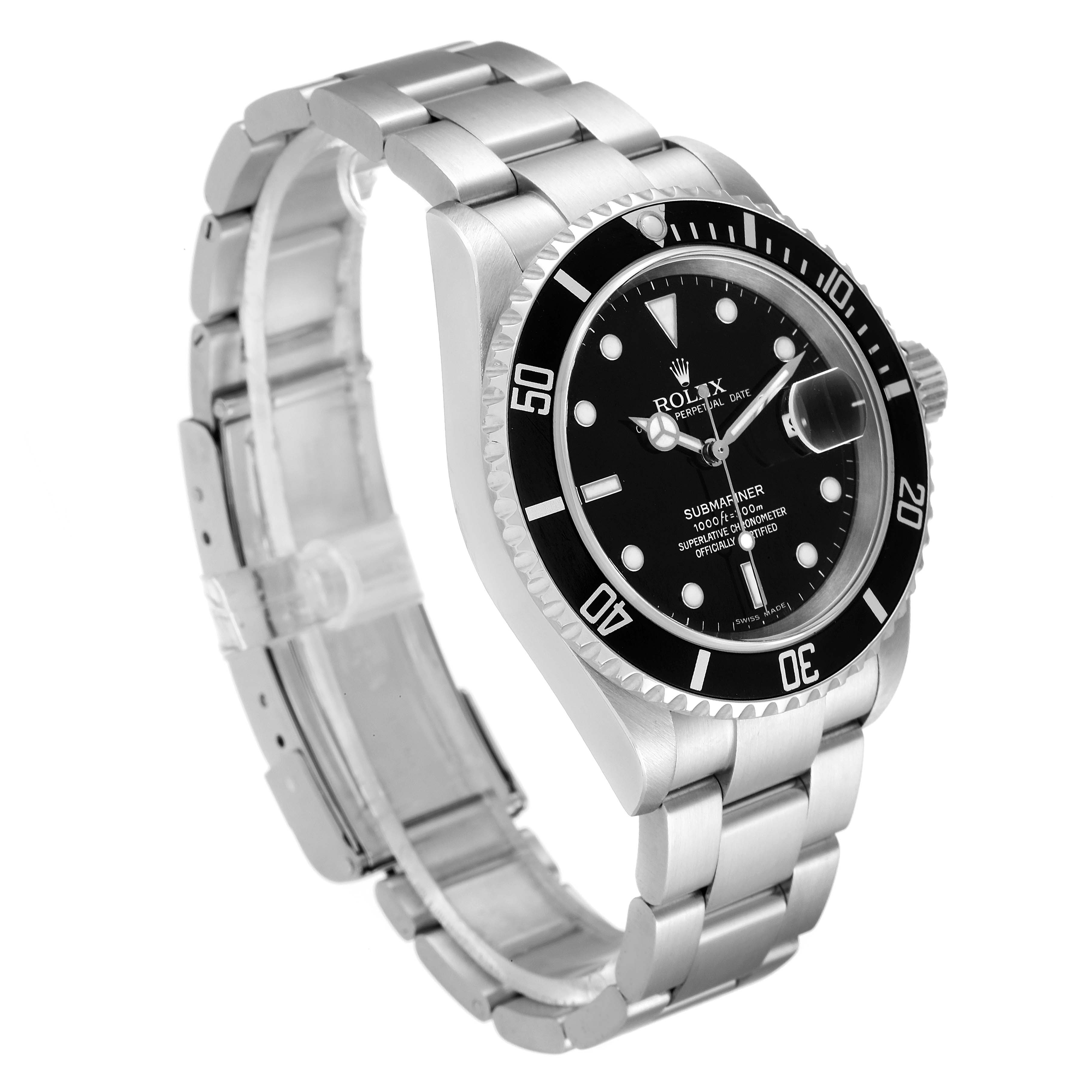 This image shows a Rolex Submariner 16610 Men's Stainless Steel Black Dial 16610 Men's Stainless Steel Black Dial watch at an angled side view, displaying the face, bezel, and bracelet.