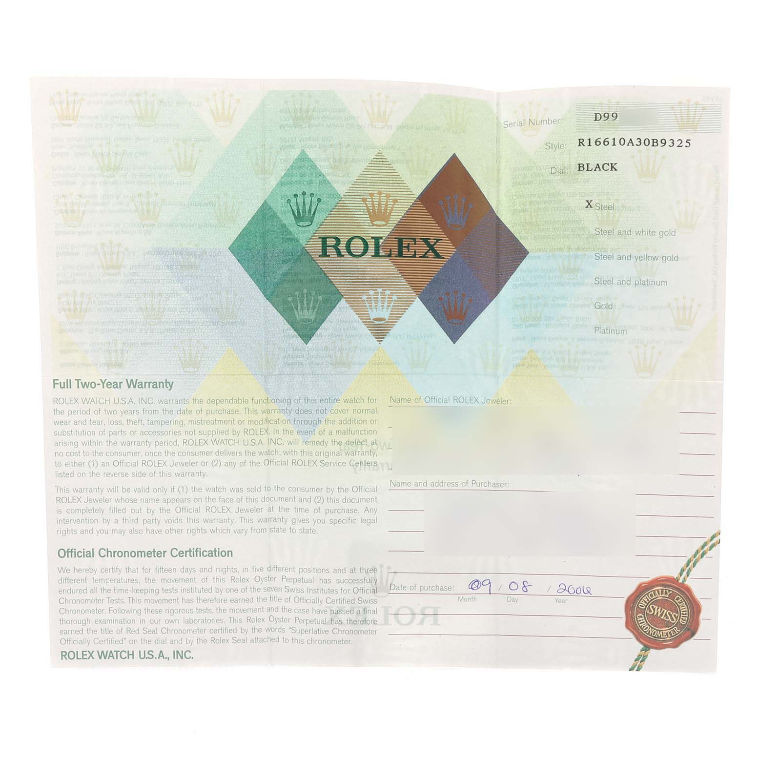 The image shows the official warranty card and chronometer certification for the Rolex Submariner 16610 Men's Stainless Steel Black Dial 16610 Men's Stainless Steel Black Dial model.