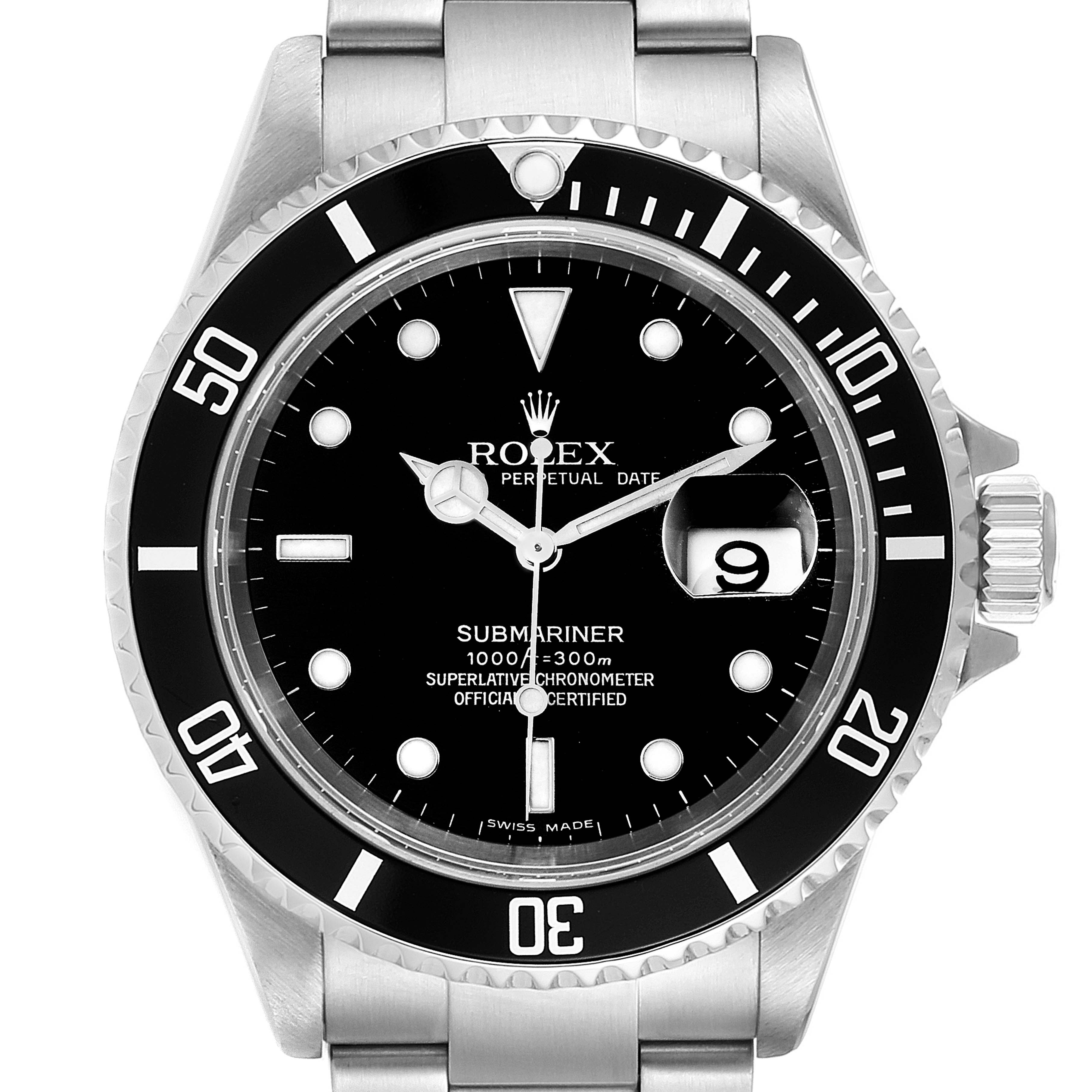 The image shows a front view of a Rolex Submariner 16610 Men's Stainless Steel Black Dial 16610 Men's Stainless Steel Black Dial watch, highlighting its dial, bezel, and stainless steel bracelet.