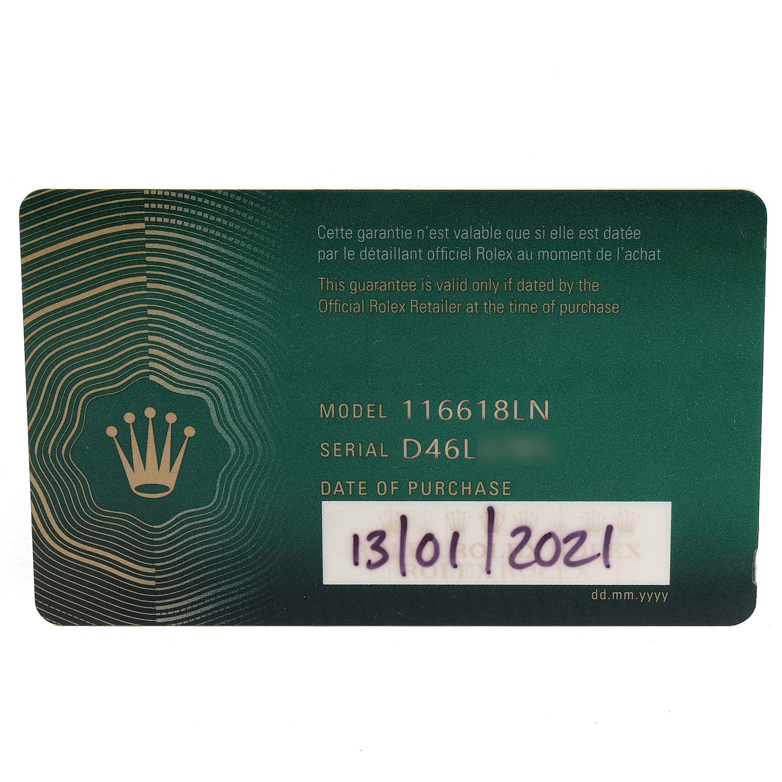 The image shows a warranty card for the Rolex Submariner 116613 Men's Yellow Gold Black Dial 116613 Men's Yellow Gold Black Dial model 116618LN with a purchase date of January 13, 2021.