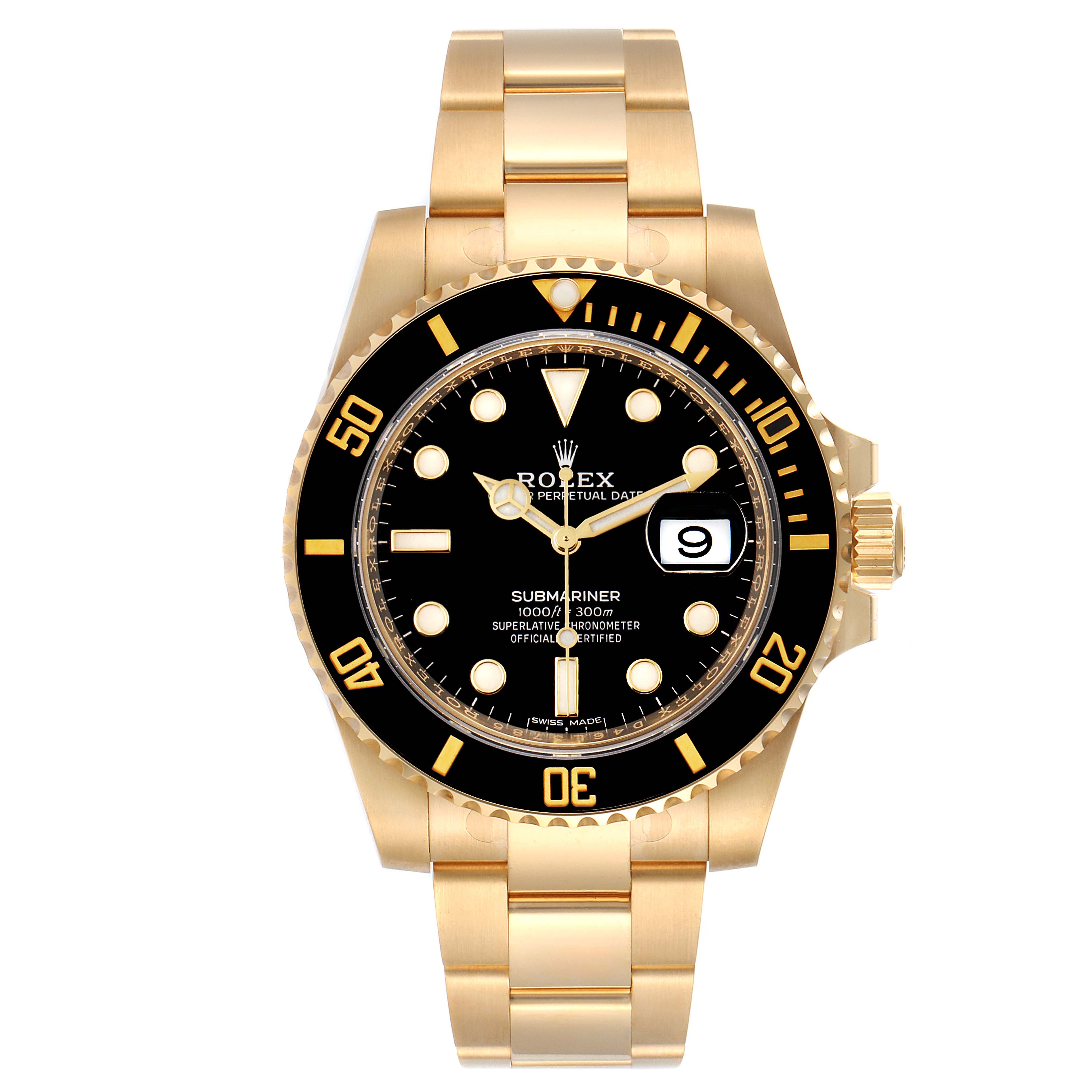 This image shows a frontal view of the Rolex Submariner 116613 Men's Yellow Gold Black Dial 116613 Men's Yellow Gold Black Dial watch, highlighting its dial, bezel, and bracelet.
