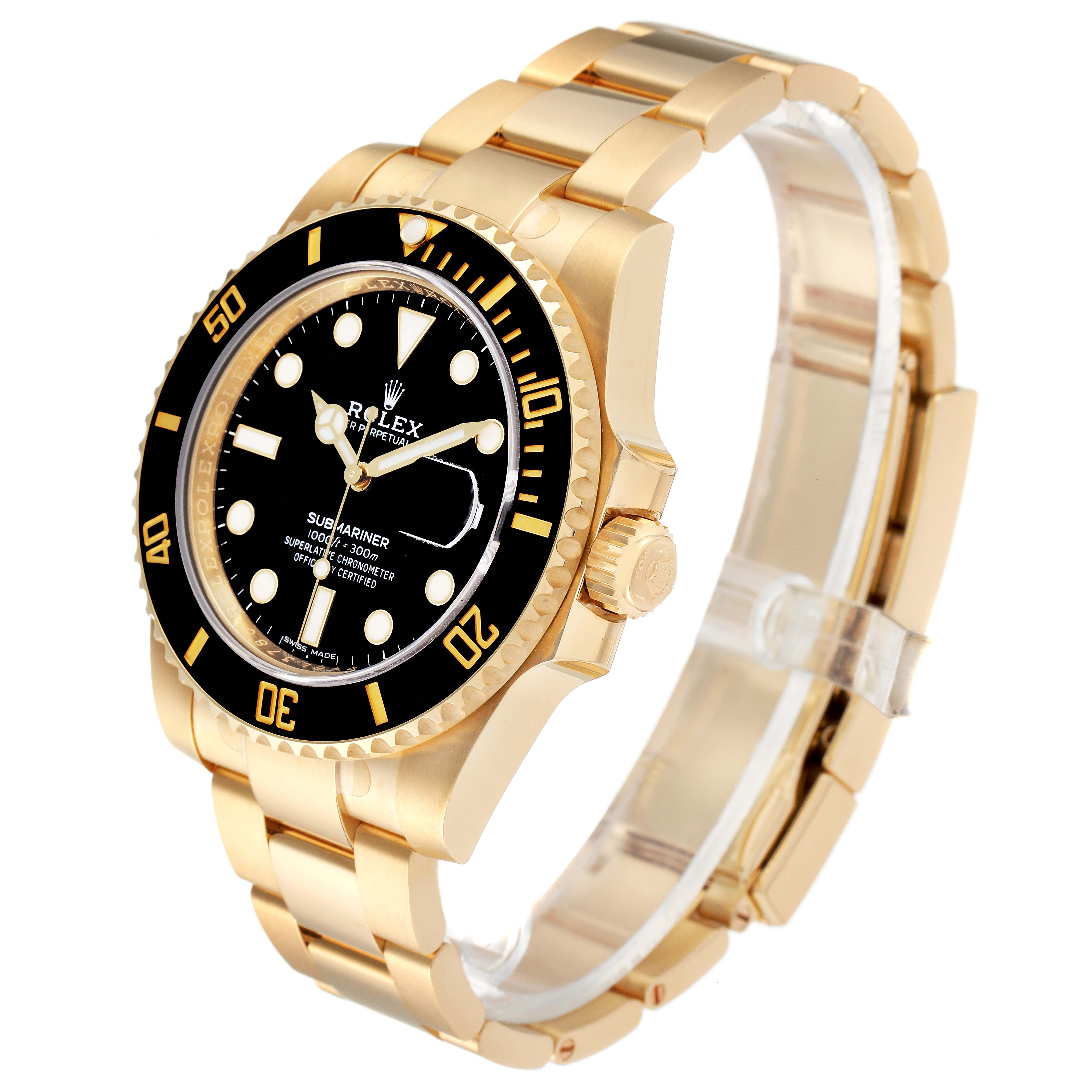 The image shows a Rolex Submariner 116613 Men's Yellow Gold Black Dial 116613 Men's Yellow Gold Black Dial watch angled from the right, highlighting the dial, bezel, crown, and bracelet.
