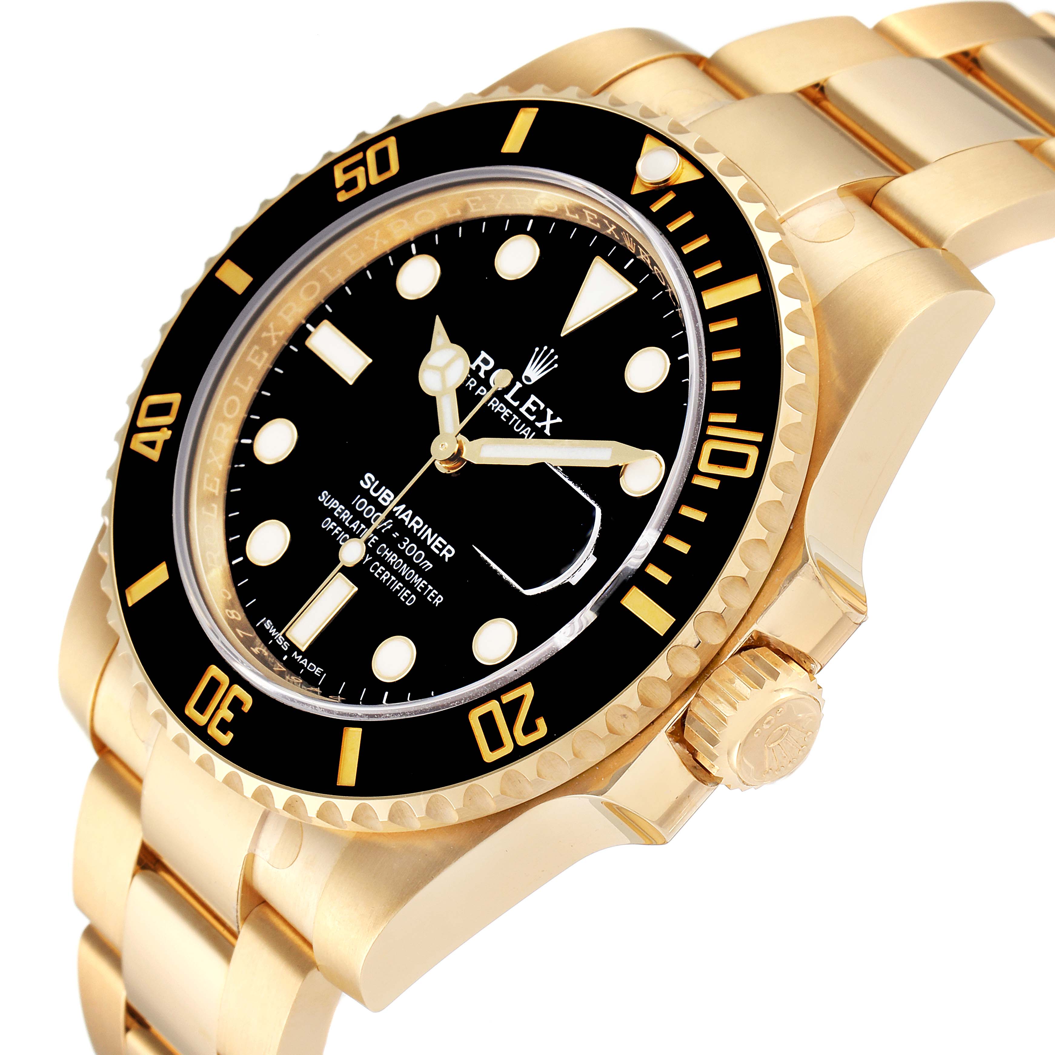 The image shows a close-up of a Rolex Submariner 116613 Men's Yellow Gold Black Dial 116613 Men's Yellow Gold Black Dial watch from a diagonal angle, highlighting the black bezel, dial, and gold bracelet.
