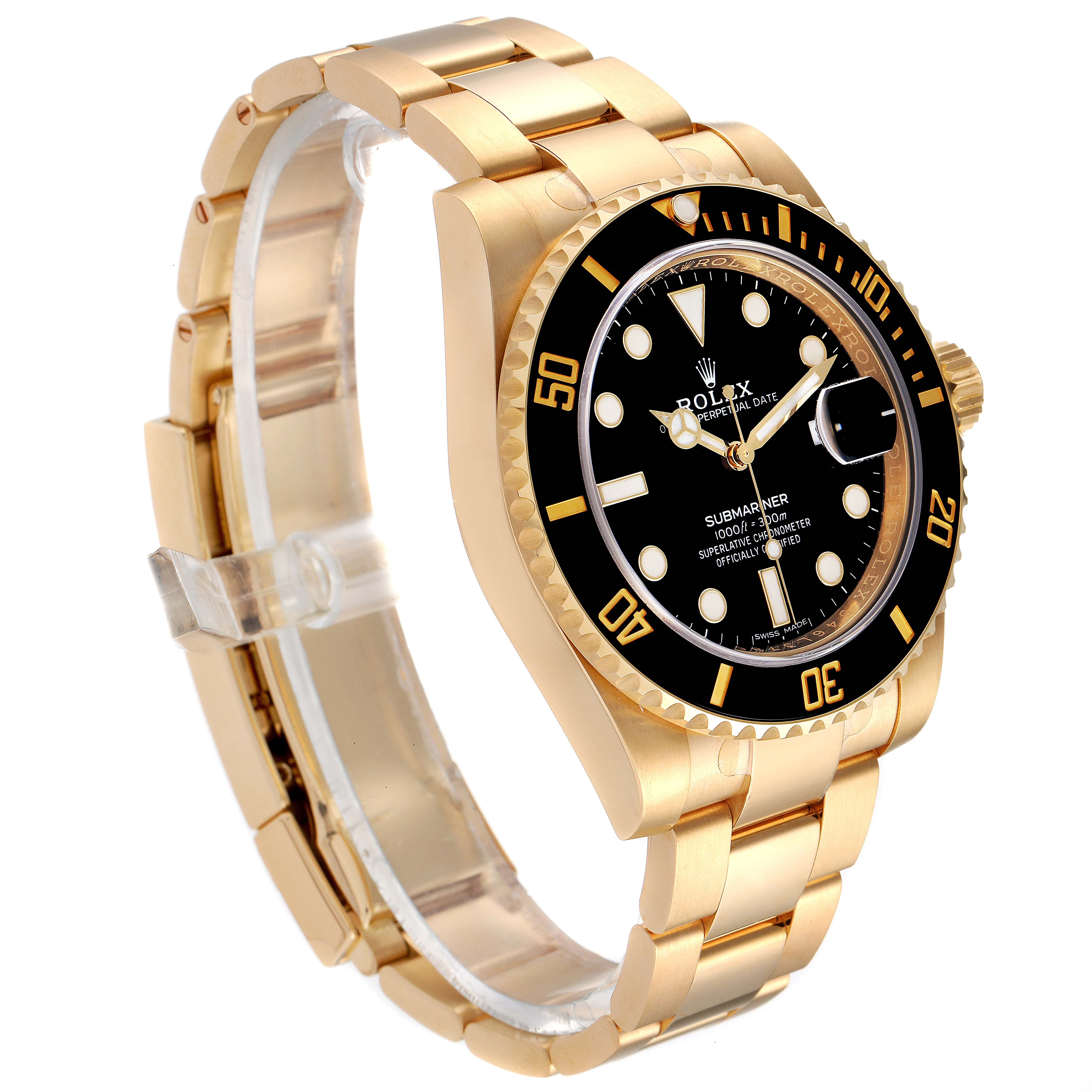 This Rolex Submariner 116613 Men's Yellow Gold Black Dial 116613 Men's Yellow Gold Black Dial watch is shown at an oblique angle, highlighting the gold bracelet, bezel, and black dial.