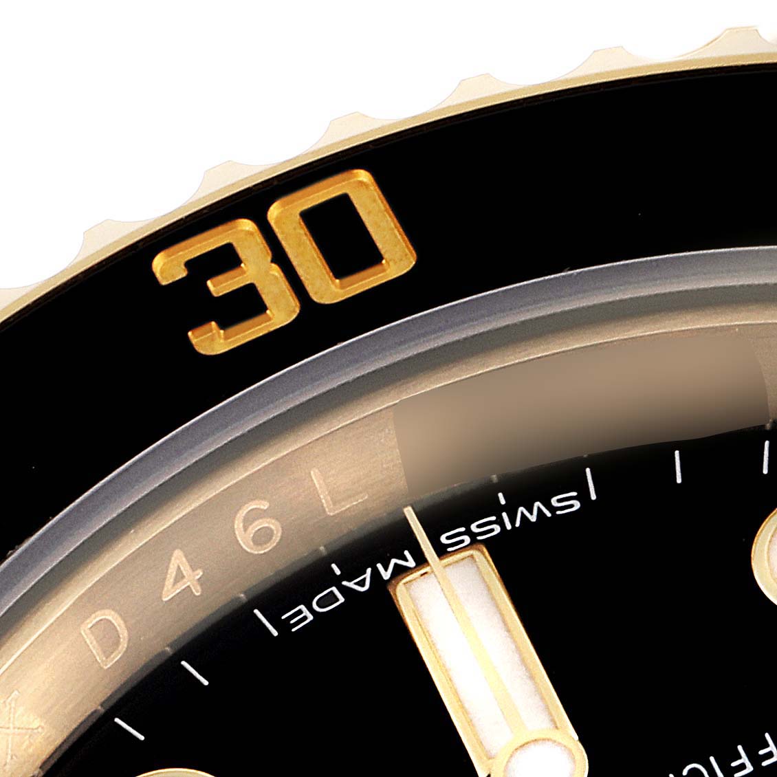 The image shows a close-up of the bezel and a portion of the dial of a Rolex Submariner 116613 Men's Yellow Gold Black Dial 116613 Men's Yellow Gold Black Dial watch, highlighting the "30" marking.