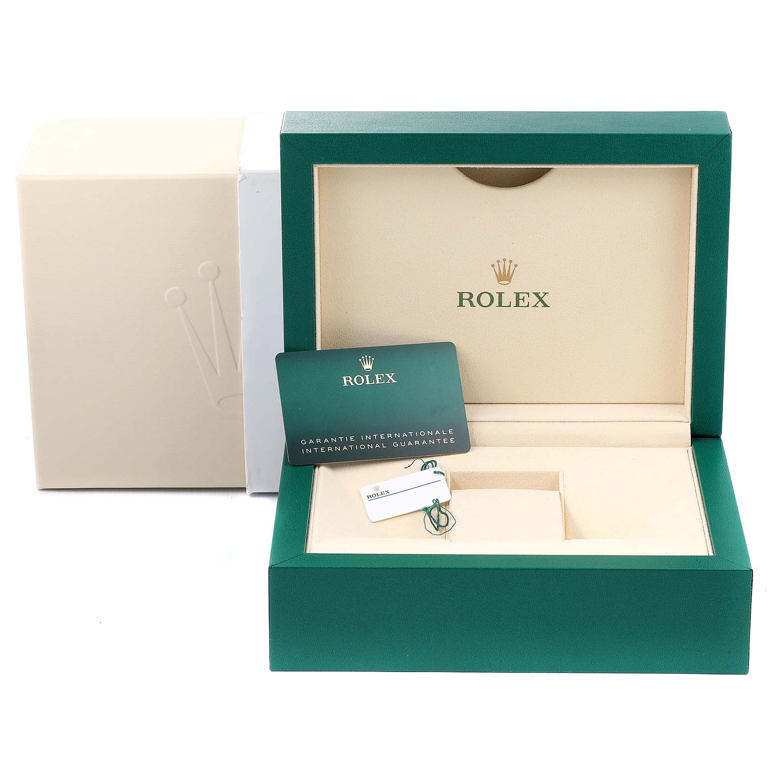 This image shows an open green Rolex Submariner 116613 Men's Yellow Gold Black Dial 116613 Men's Yellow Gold Black Dial watch box, including the warranty card and tags.