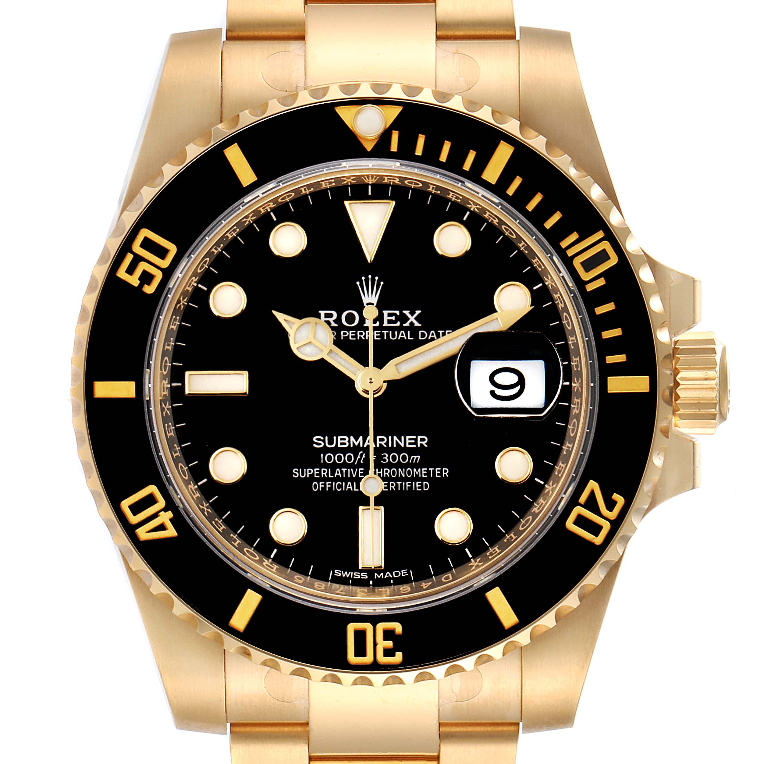 This image shows the front view of the Rolex Submariner 116613 Men's Yellow Gold Black Dial 116613 Men's Yellow Gold Black Dial watch, highlighting the dial, bezel, and part of the bracelet.