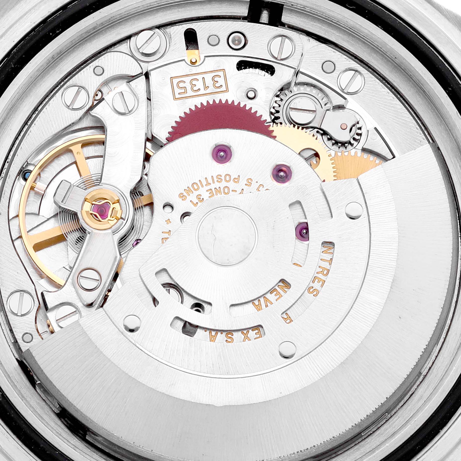 The image shows the intricate internal mechanical movement of the Rolex Submariner 16613 Men's Steel and Gold (two tone) Blue Dial 16613 Men's Steel and Gold (two tone) Blue Dial watch taken from a close-up, top-down angle.